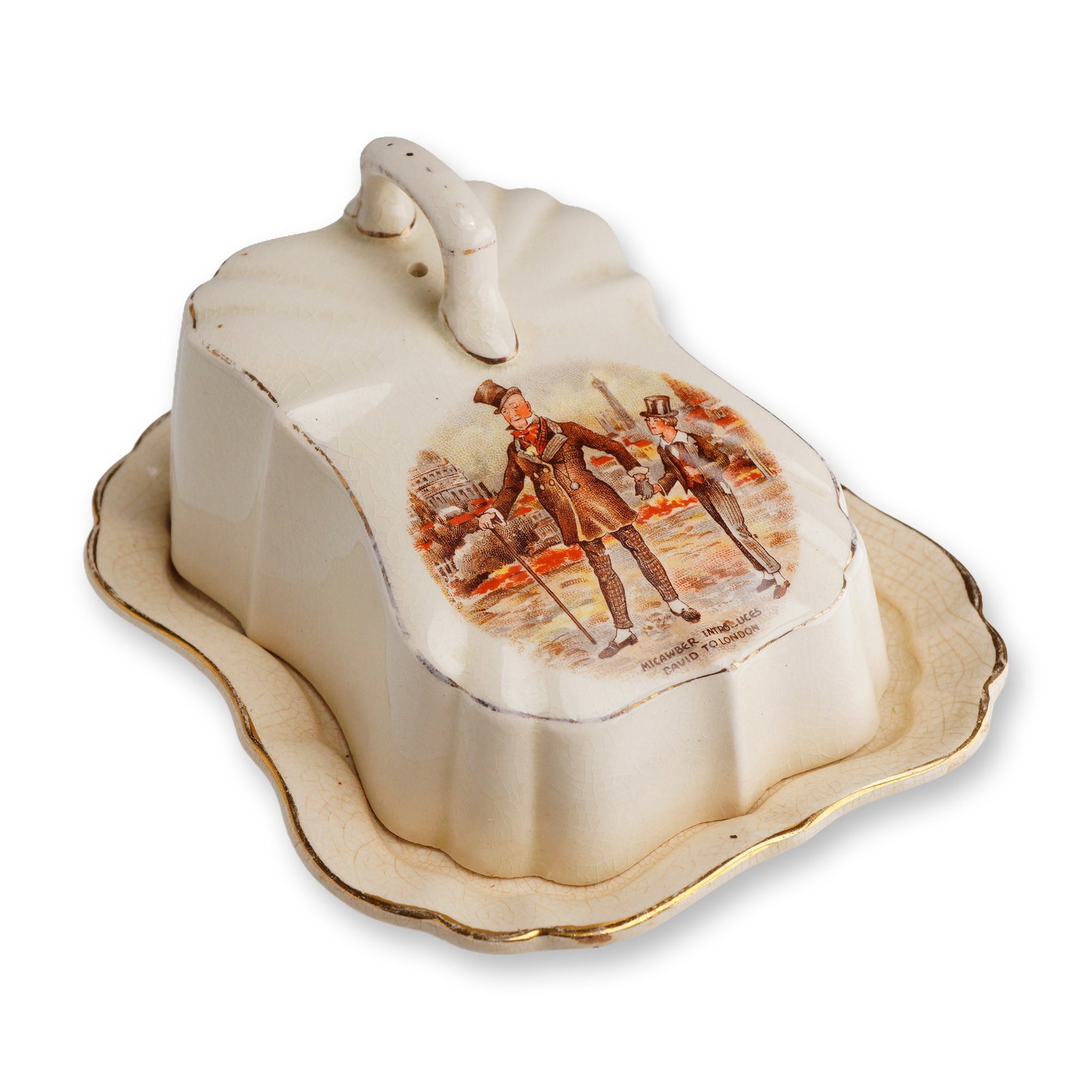 A Lancaster and Sandland Sandland Ware Dickens Ware Covered Butter Dish: A vintage two-piece glazed earthenware covered butter or cheese dish manufactured by Lancaster and Sandland Ltd. in Hanley, England. Part of the maker's Sandland Ware line, the set consists of a recta