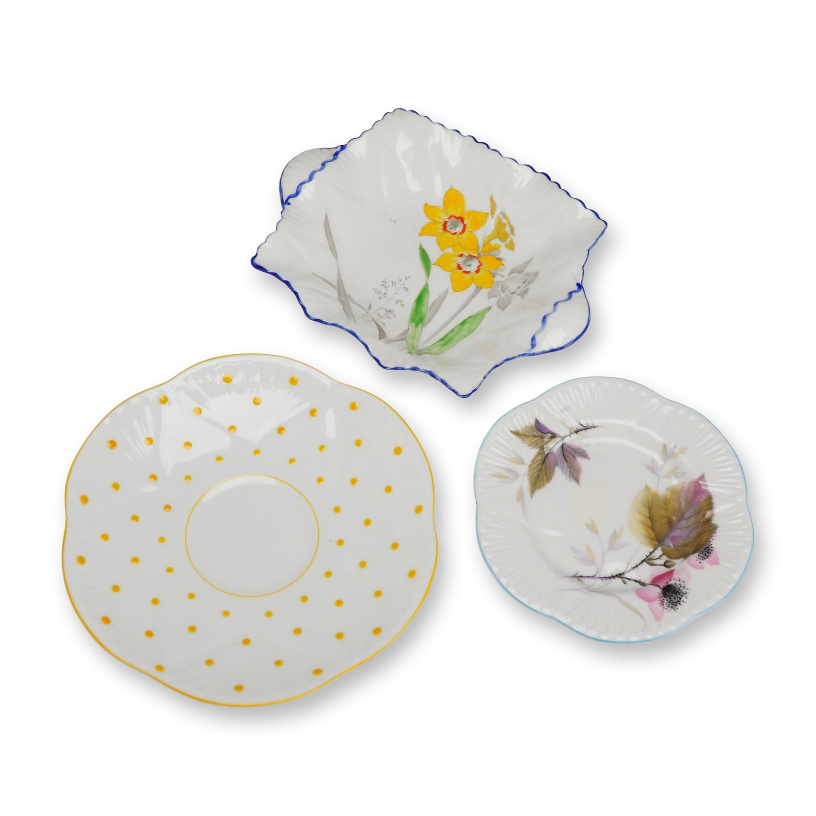 Three Shelley England Bone China Small Dishes Including Bramble Pattern: This collection features three fine bone china items manufactured by Shelley in England. The first piece is a square-format leaf-shaped dish with two integral handles and a scalloped rim. The central 