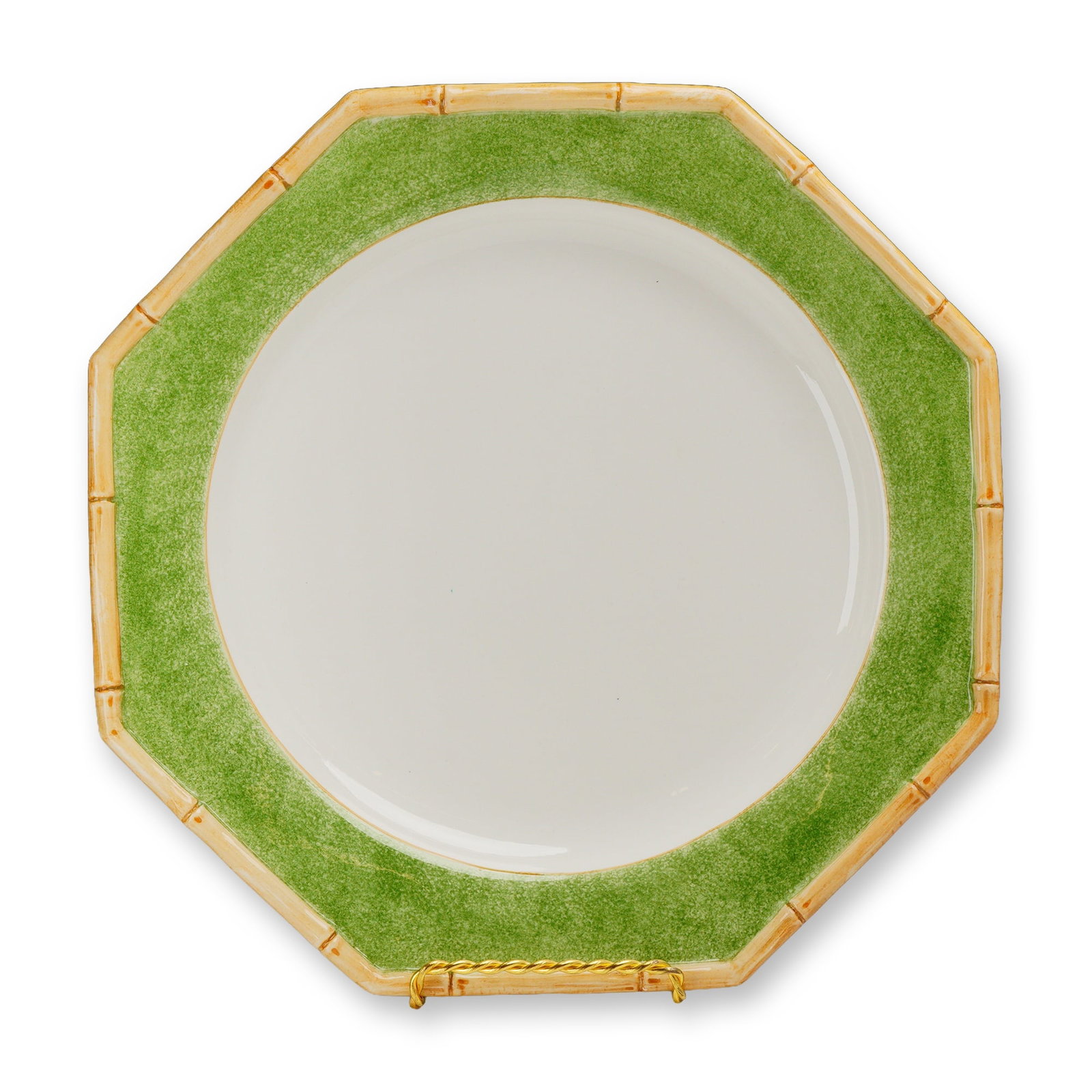 Mariposa Xanadu Pattern Hand Painted Octagonal Ceramic Platter: A Mariposa Xanadu pattern octagonal ceramic platter, hand-painted in Italy. The piece is crafted from earthenware and features a molded rim designed to resemble a length of bamboo, complete with hand-