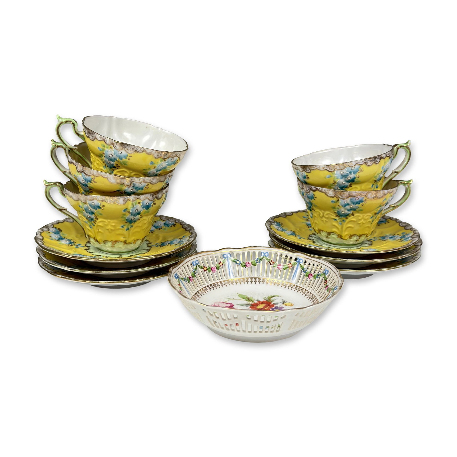 12pc Japanese Yellow and Blue Floral Pattern Teacups, Saucers, and a Reticulated Dish (1 of 4)