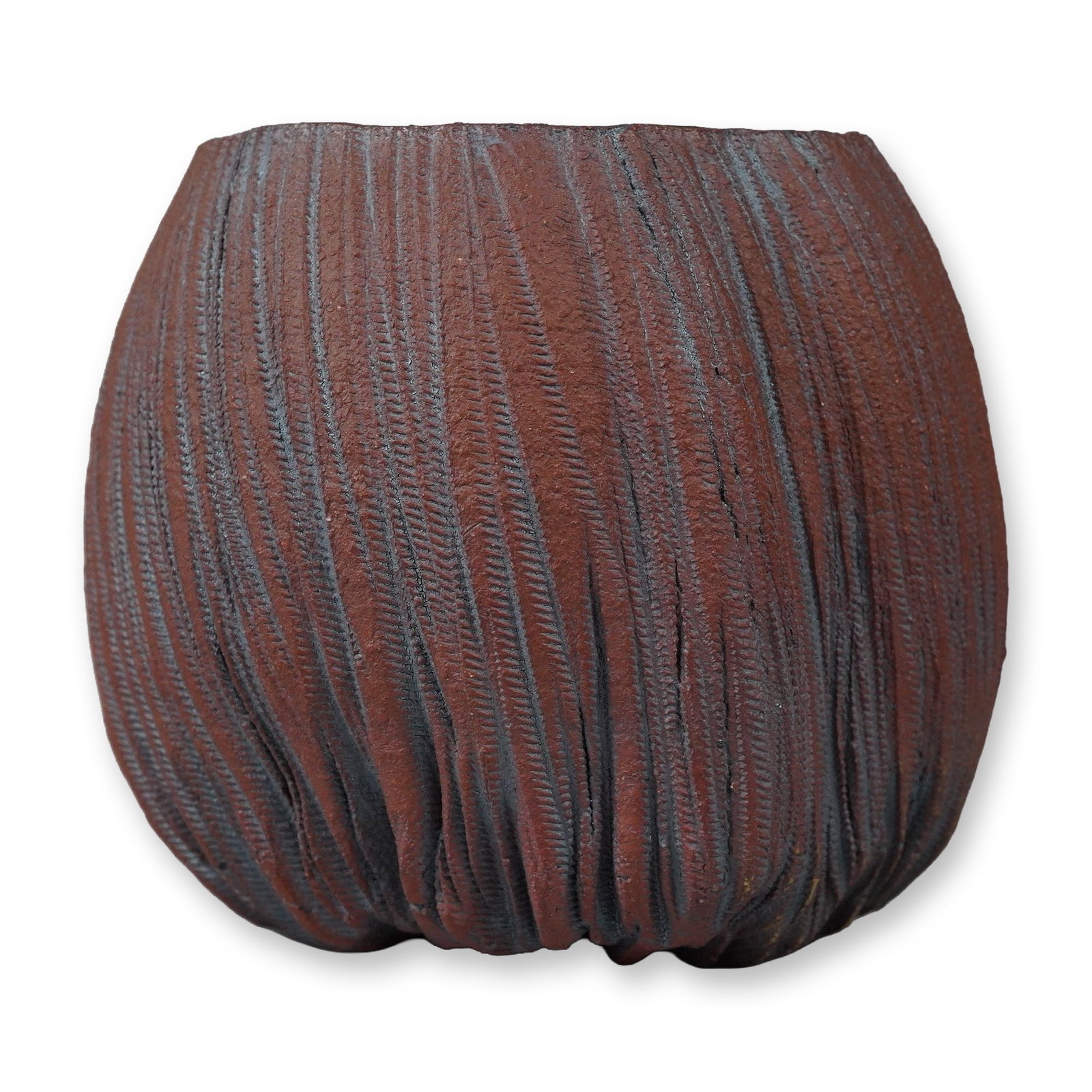 Chris Mayse Textured Terra Cotta and Blue Glazed Vessel: This globular ceramic vessel is the work of Detroit-based artist Chris Mayse and is dated 2012. The piece is constructed from terra cotta and features a deeply incised, vertical texture on the exterio