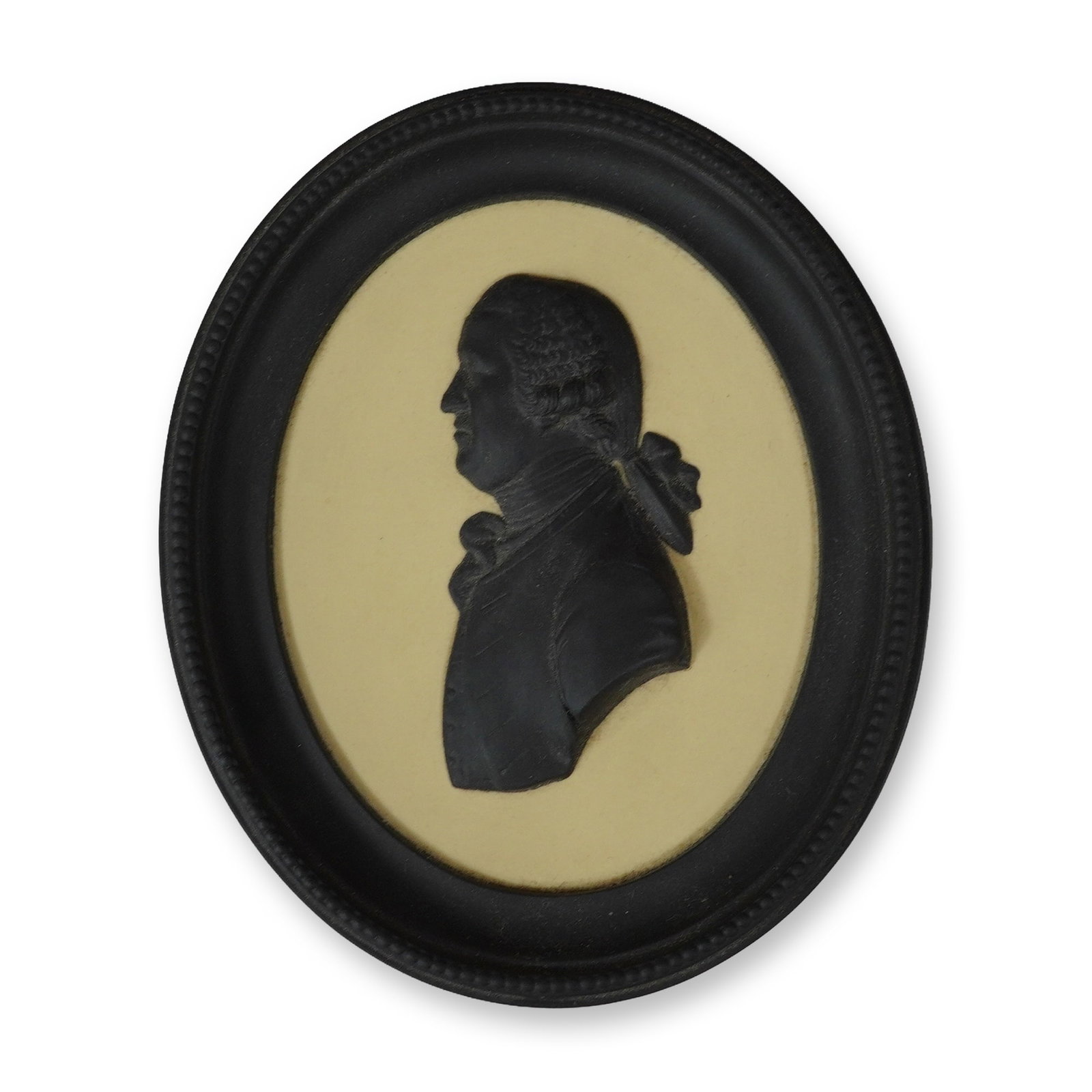 Wedgwood 'Josiah Wedgwood FRS' Limited Edition Commemorative Portrait Plaque: This framed commemorative portrait plaque was produced by Wedgwood to celebrate the 250th anniversary of Josiah Wedgwood's birth (1730-1795). The oval plaque features a black basalt profile bust of Jo