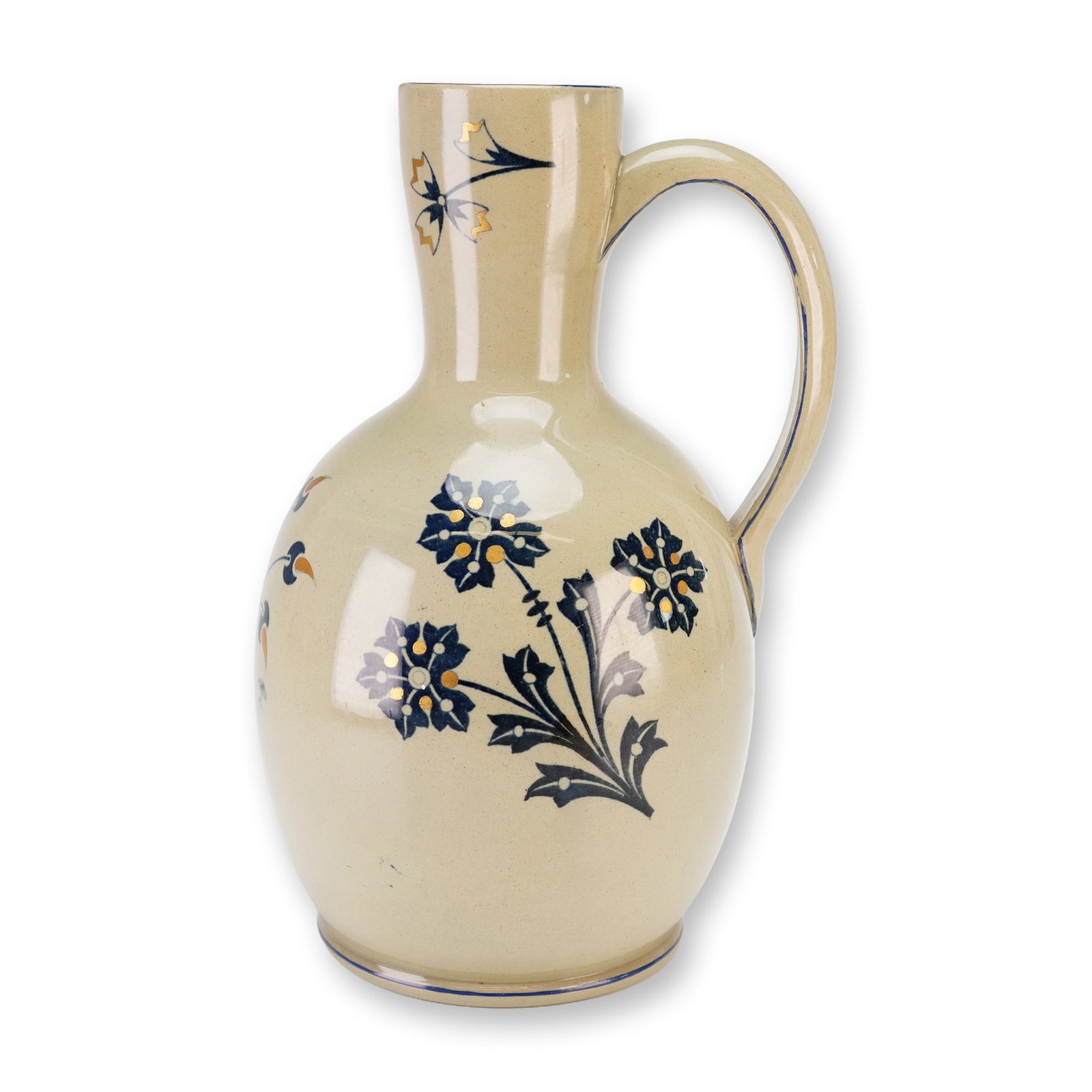 Wedgwood Earthenware Pitcher with Blue Floral and Gold Accents: This Wedgwood earthenware pitcher is constructed from a greyish clay with a light tan glazed finish. The vessel features a bulbous, rounded body tapering to a slightly flared neck and is fitted with a
