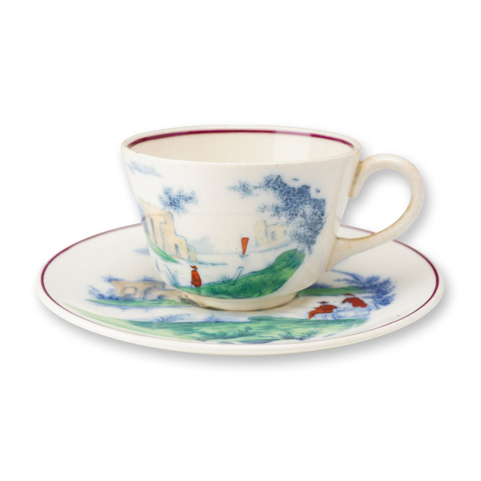 2pc Wedgwood Etruria Creamware Landscape Pattern Cup and Saucer, circa 1914: This set consists of a refined cream-colored earthenware cup and saucer manufactured by Wedgwood at the Etruria works in England. The pieces feature the Landscape pattern, rendered in a combination of