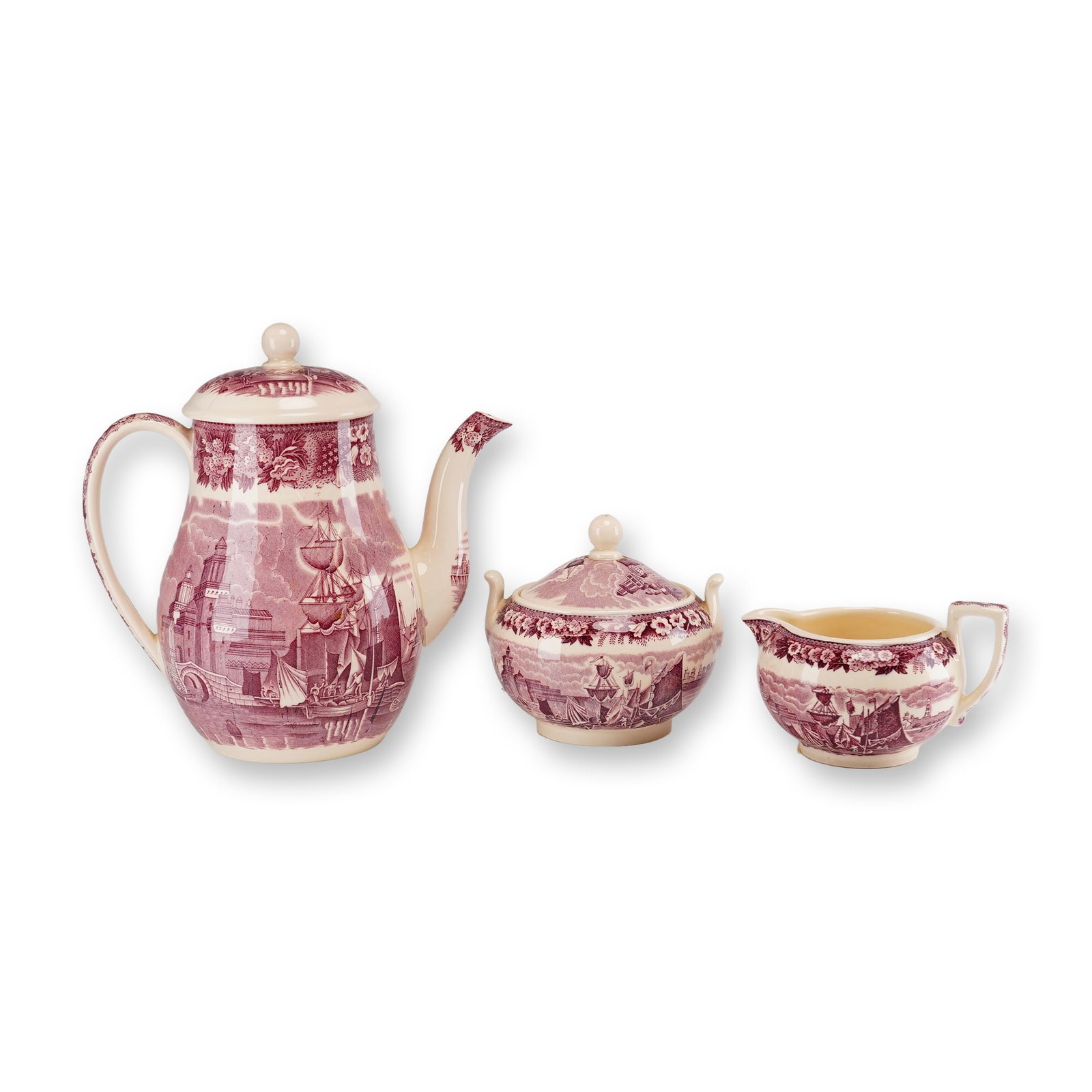 3pc Wedgwood Ferrara Pattern Pink Transferware Coffee Set: This three-piece earthenware coffee service is manufactured by Wedgwood in the Ferrara pattern. The set features a pink or mulberry transfer-printed decoration under-glaze on a cream-colored body. The