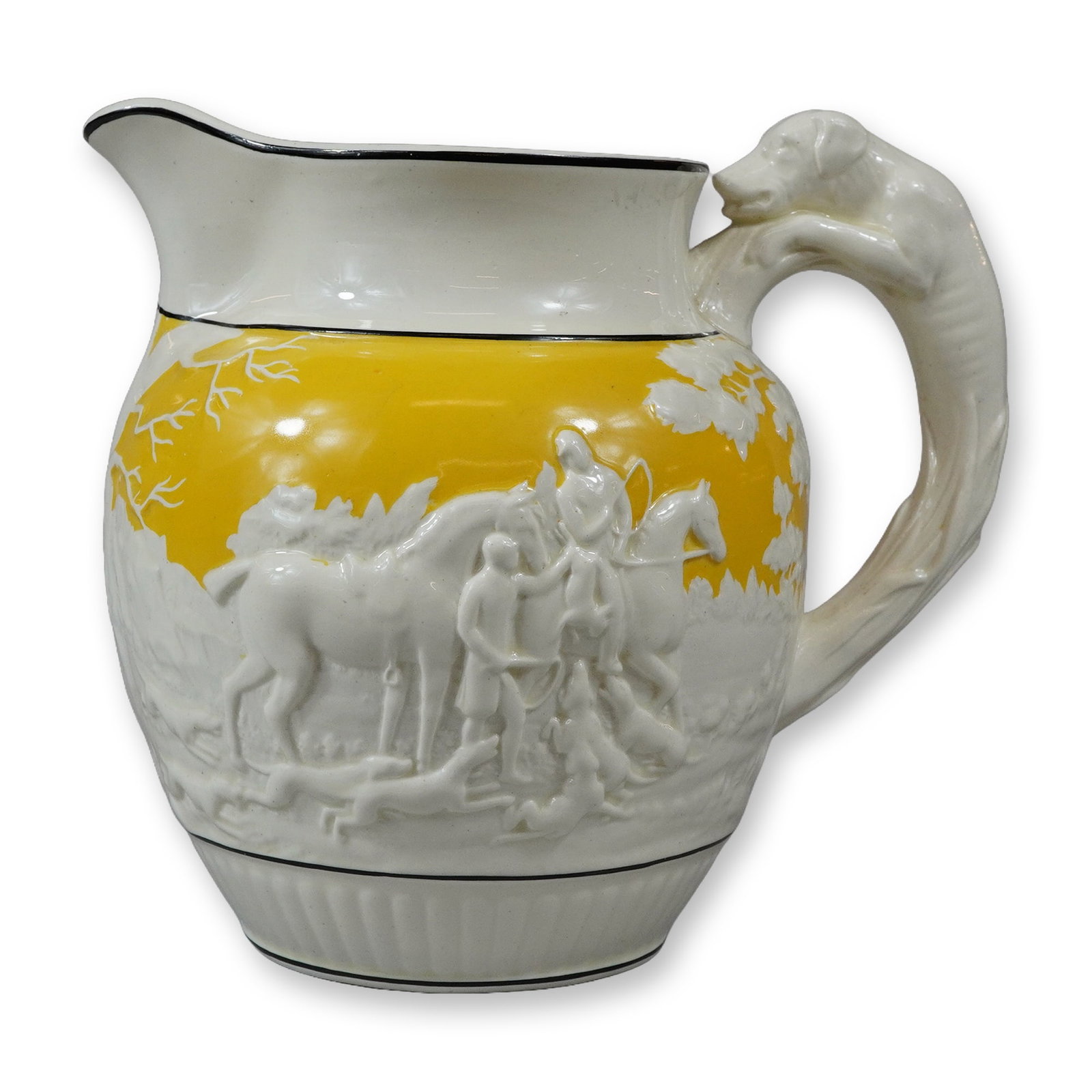 Wedgwood D'ye Ken John Peel Yellow Relief-Molded Hunting Pitcher: This Wedgwood glazed earthenware pitcher features the D'ye Ken John Peel pattern with a relief-molded hunting scene set against a vibrant canary yellow ground. The continuous scene depicts riders on h