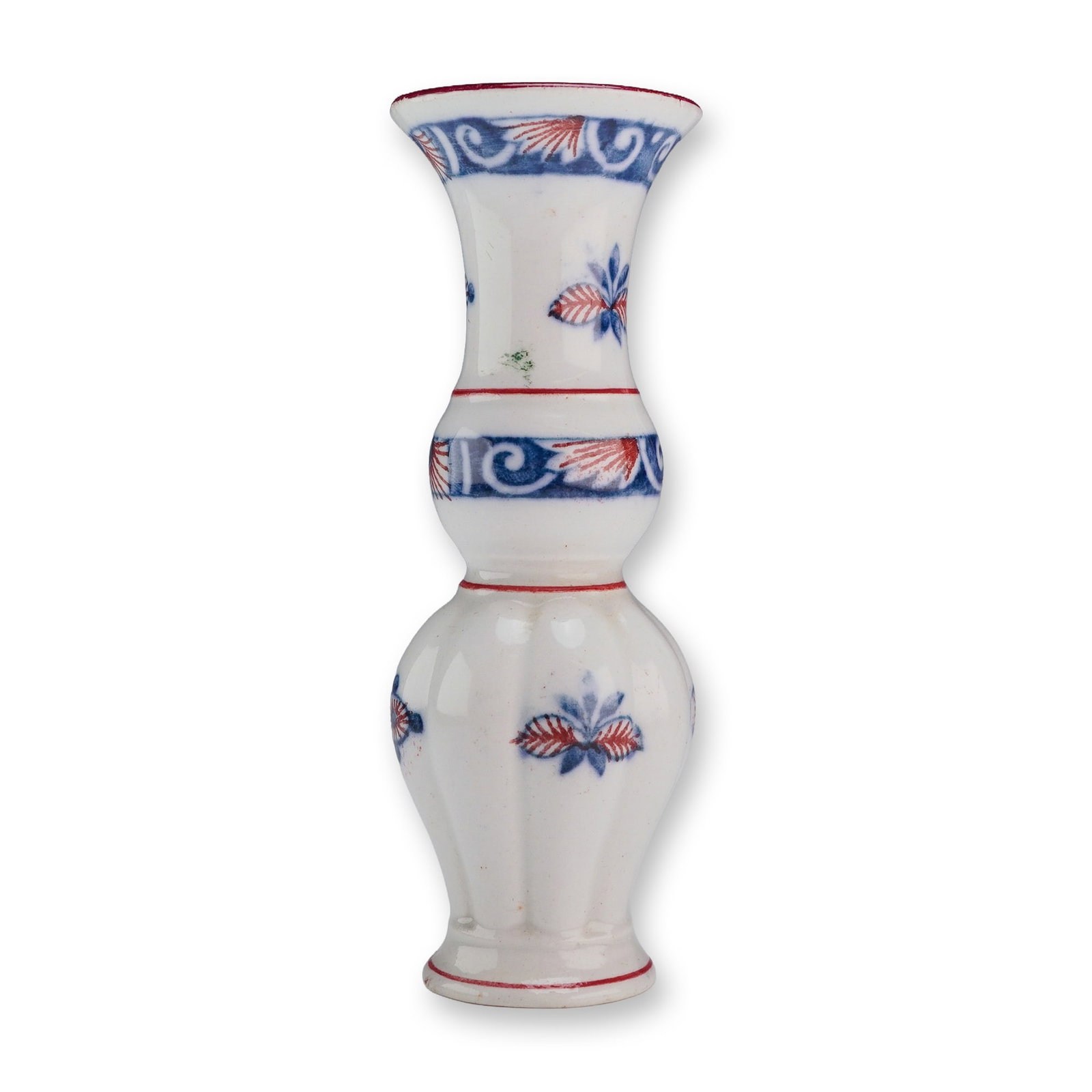Wedgwood Imari Style Triple Gourd Porcelain Vase: This miniature porcelain vase is designed in a triple-bulb or triple-gourd form, featuring a flared trumpet neck, a small central bulb, and a larger lobed lower body resting on a flared circular foot.