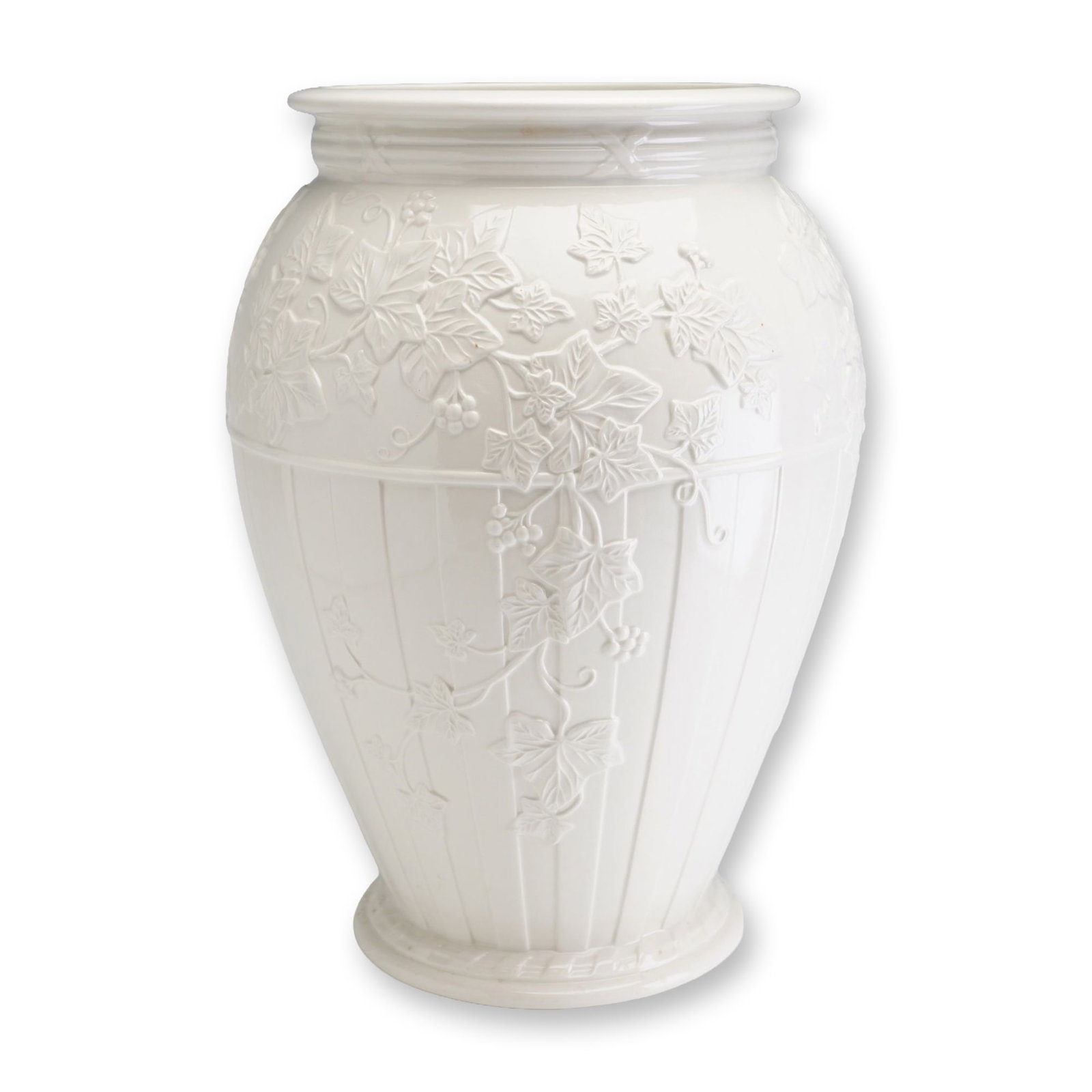 Wedgwood Classic Garden Fine Earthenware Ivy Vine Vase: A large white ceramic vase produced by Wedgwood as part of the Classic Garden collection. The piece is constructed from fine earthenware with a creamy white glaze. The ovoid form features a flared, mo