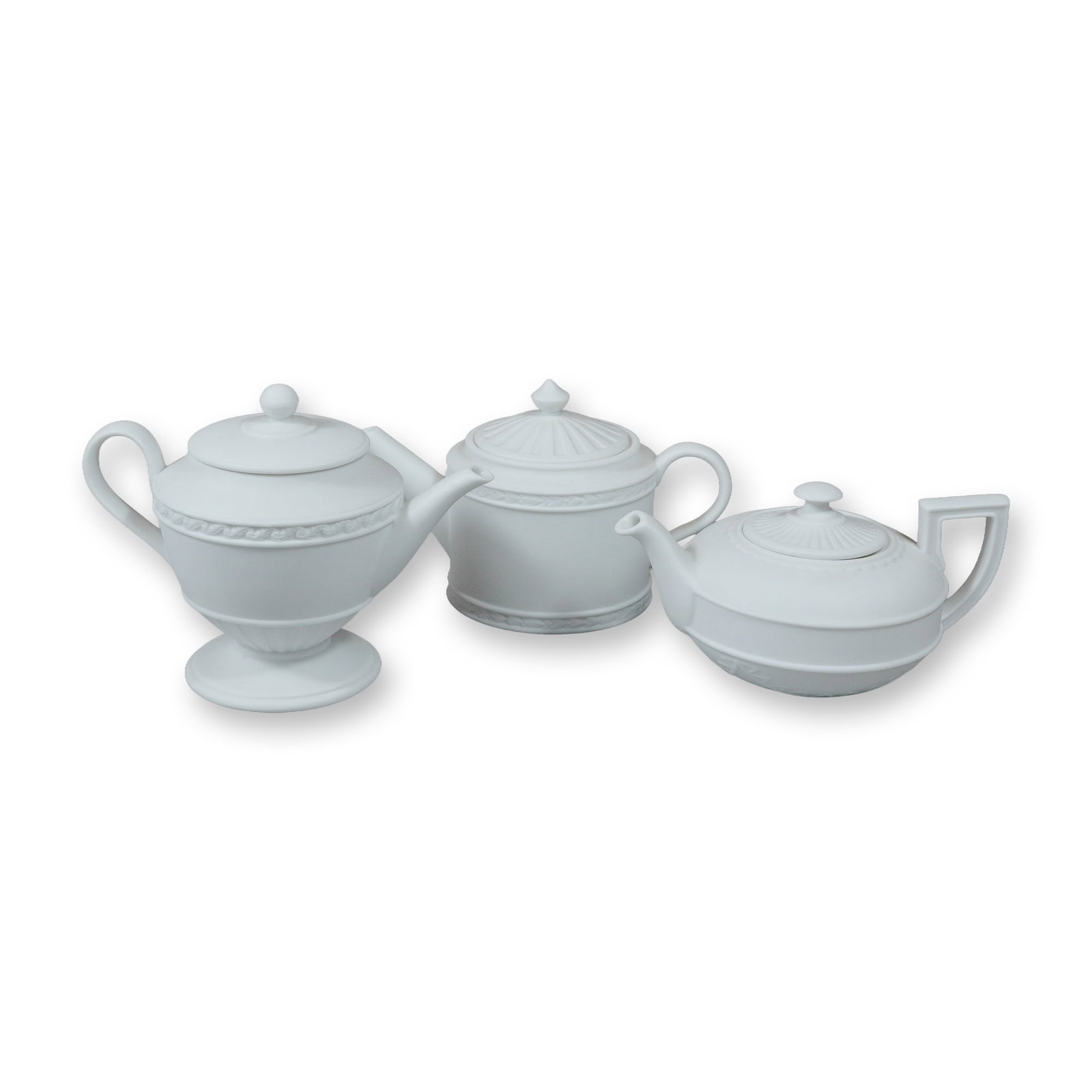 3pc Wedgwood Porcelain Miniature Lidded Teapot-Form Scented Candles: A trio of Wedgwood contemporary miniature teapot-form scented candles in fine matte-finish bisque porcelain. The collection includes three distinct neoclassical revival forms, each with a glazed inter