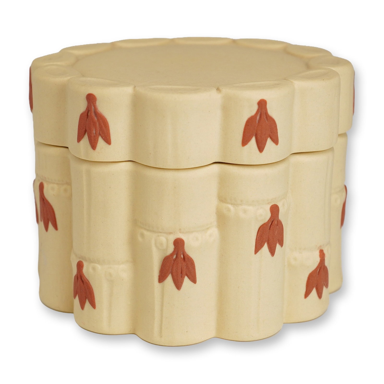 Wedgwood Primrose Jasperware Terracotta Sprigged Bamboo Lidded Box: This Wedgwood lidded box is crafted in Primrose Jasperware, a buff-colored unglazed stoneware. The vessel is designed in a bamboo pattern, featuring a multi-lobed cylindrical body and a matching scall