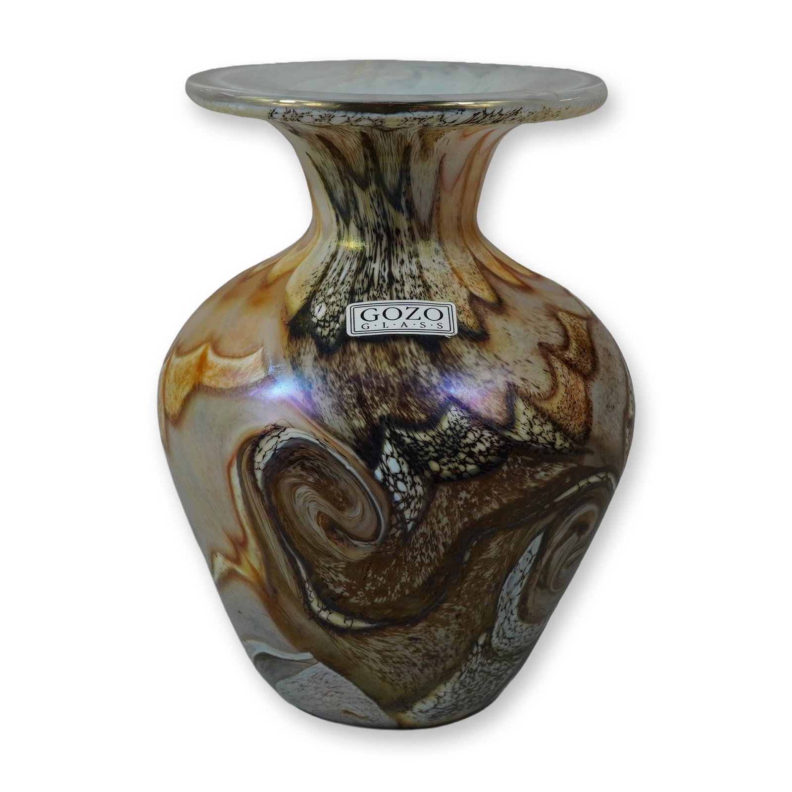 Signed Gozo Glass Hand-Blown Art Glass Vase with Marbled Earth Tones and Iridescent Sheen (1 of 3)