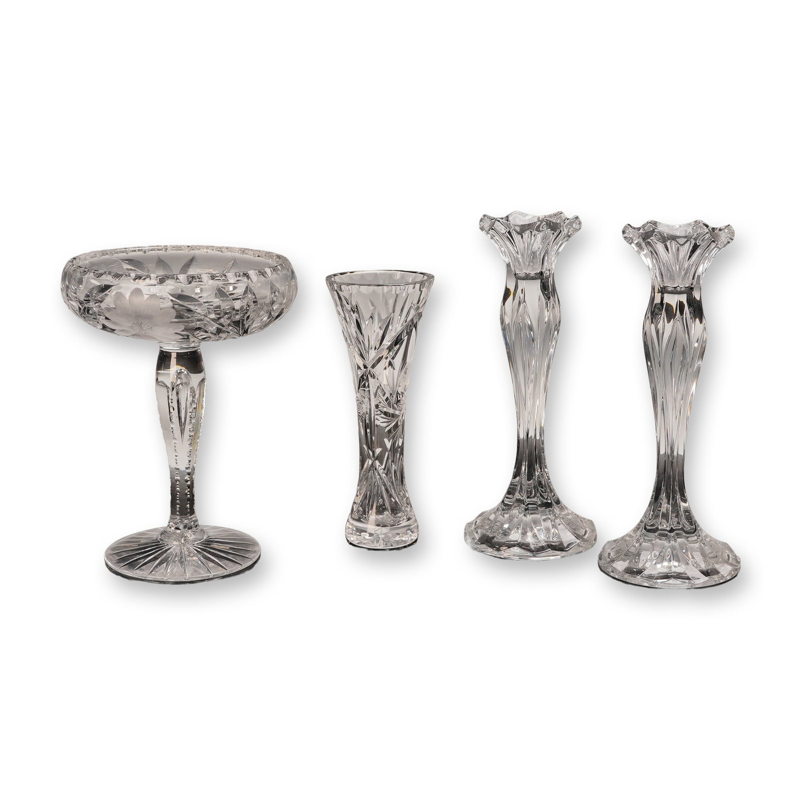 4pc Cut Glass Compote, Vase, and Pair of Candleholders (1 of 5)