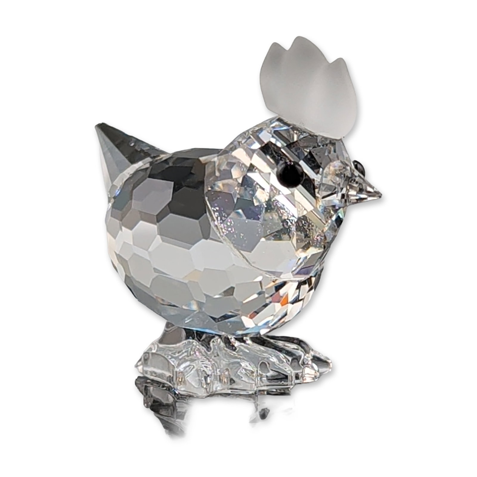 Swarovski Silver Crystal Figurine, Mini Cockerel/Rooster: Swarovski Silver Crystal figurine of a hen. The piece is composed of faceted clear lead crystal with black crystal eyes. The underside features the etched Swarovski swan logo. The piece is additionall