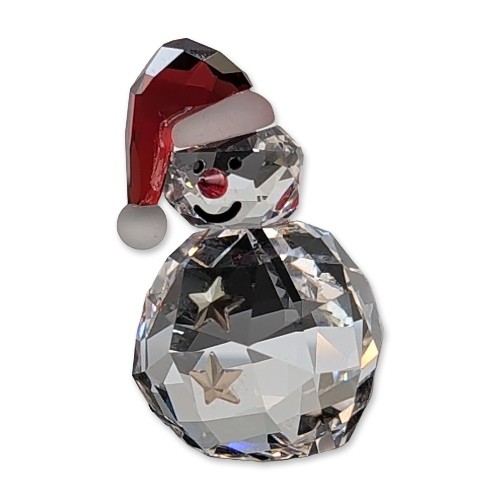 Swarovski Crystal Rocking Snowman Figurine: Swarovski figurine in faceted lead crystal, depicting a rocking snowman. The figure features clear faceted crystal spheres with star motifs visible in the central segment. Additional details include b