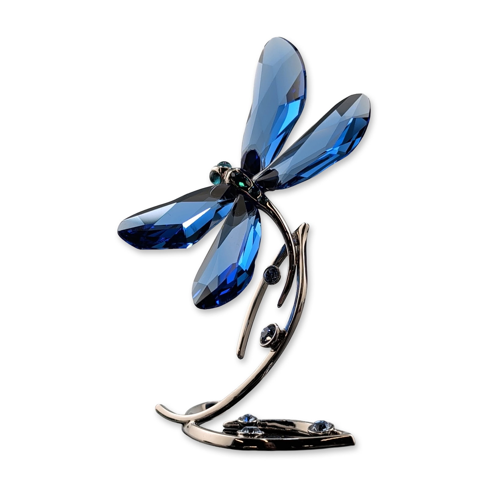 Swarovski SCS 2014 Event Piece Figurine, Dragonfly: Swarovski Crystal Society (SCS). 2014 event piece featuring a dragonfly motif on a stylized branch. Constructed in silver-tone metal, the piece is set with four blue navette-cut crystal wings and a bo