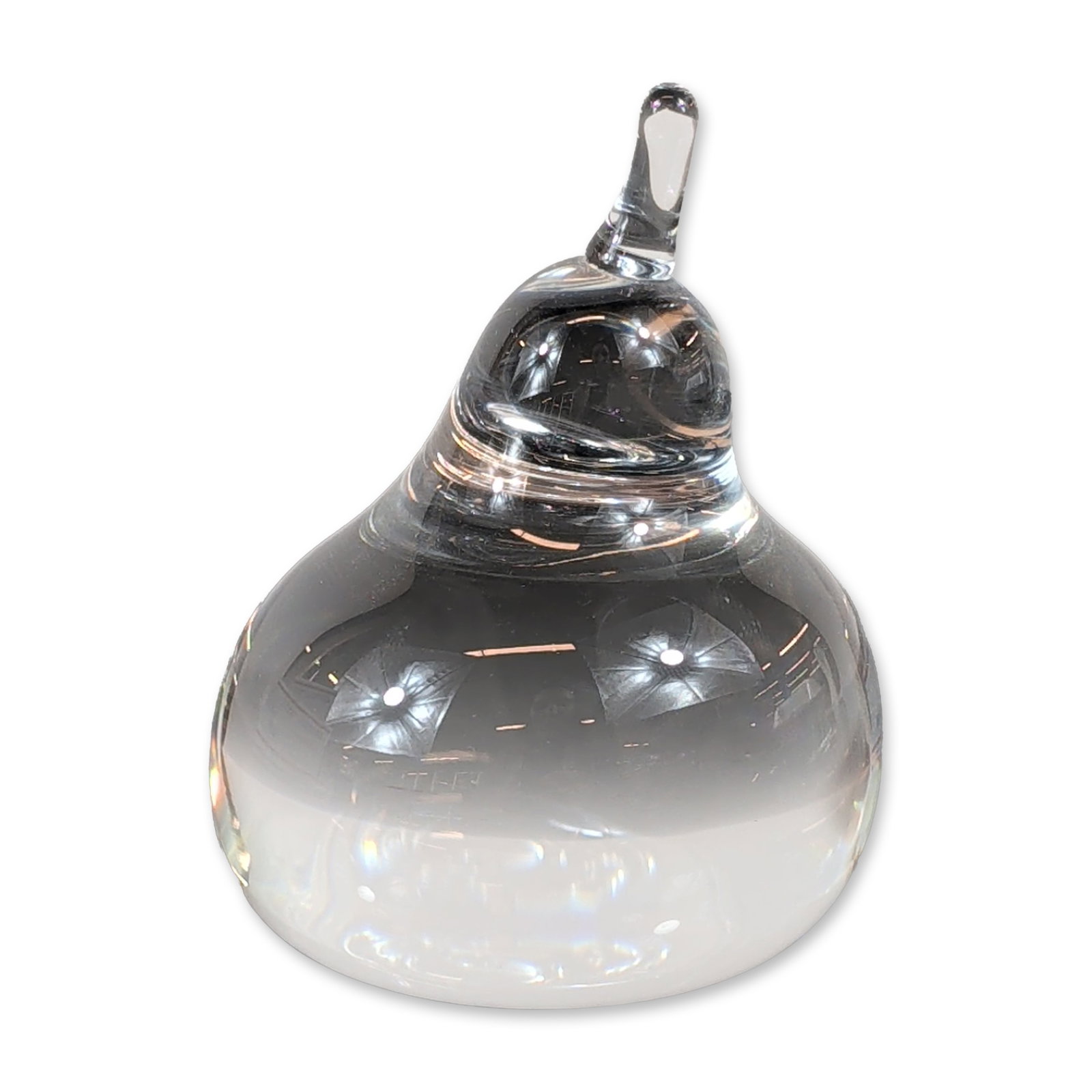 Steuben Crystal Pear Shaped Paperweight: This elegant Steuben crystal paperweight features a minimalist, pear-shaped design crafted from flawless, heavy lead crystal. Its smooth contours and delicate teardrop stem catch and refract light bea