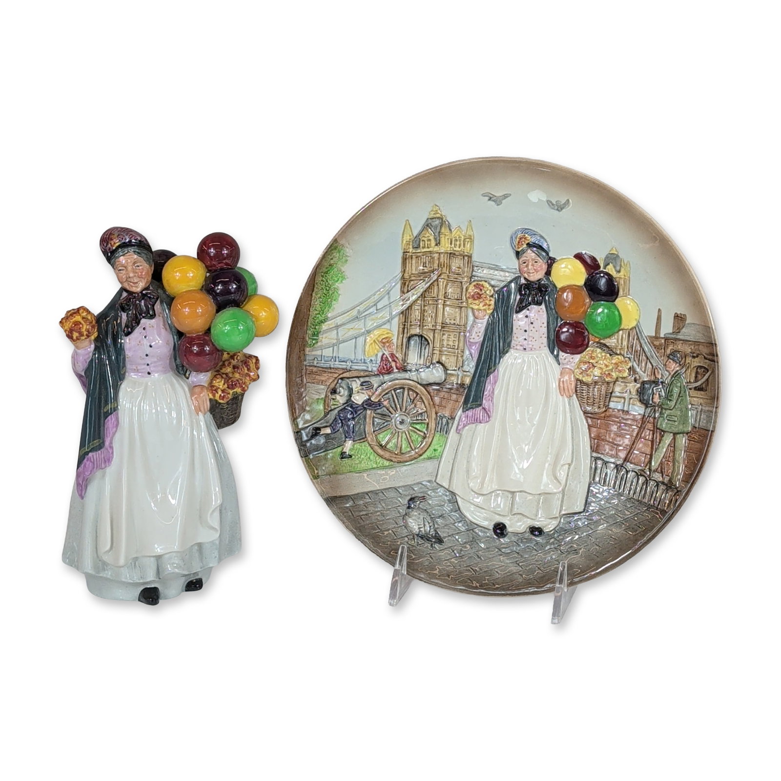 Royal Doulton Biddy Penny Farthing Figurine HN1843 and Relief Plate (1 of 4)