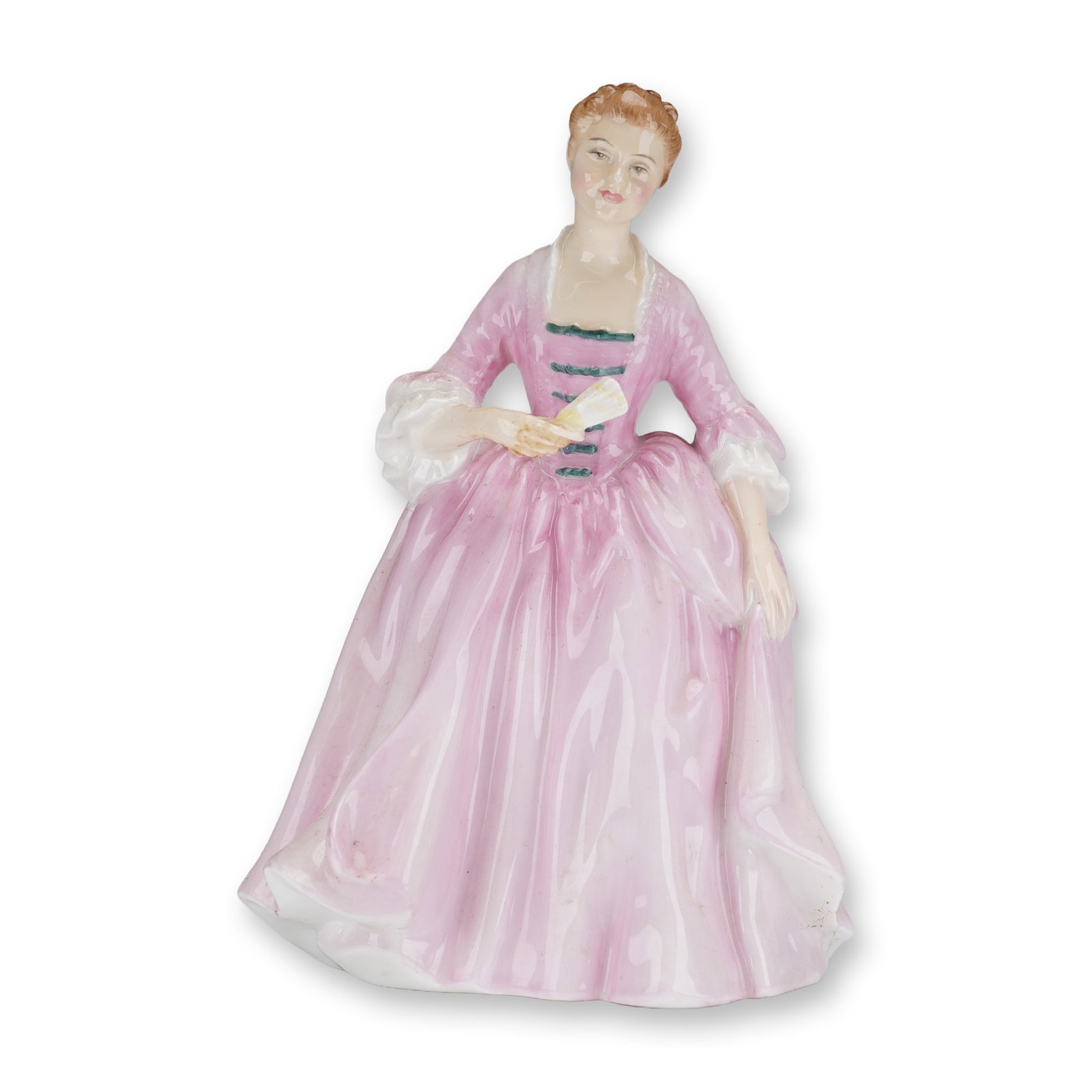 Royal Doulton Figurine Hostess of Williamsburg HN2209: A single glazed bone china figurine by Royal Doulton, titled "A Hostess of Williamsburg," model number HN 2209. The figure is modeled as an 18th-century lady standing in a wide, full-skirted gown, ren