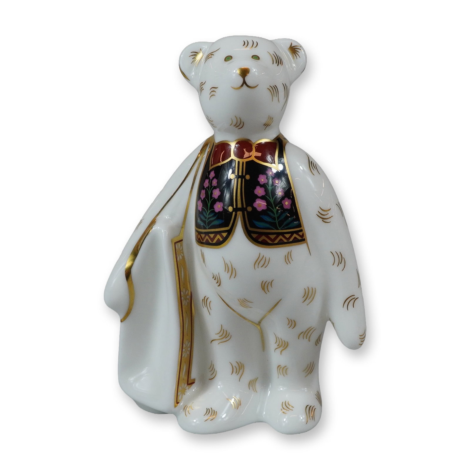 Royal Crown Derby Signed Porcelain Miniature Shopper Bear Figurine: A Royal Crown Derby porcelain figurine from the Miniature Bear Collection, specifically identified as the Shopper Bear model. The bear is depicted standing and carrying a white bag over its right shou