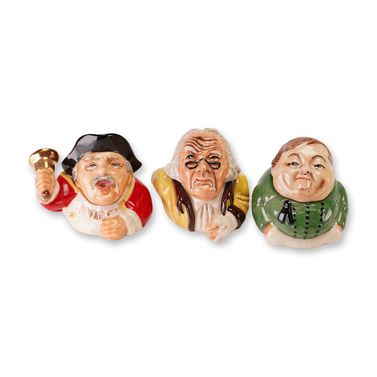 3pc Kevin Francis Ceramic Face Pots, Town Crier, Scrooge, and Fat Boy: This trio of hand-painted ceramic face pots by Kevin Francis, England, includes The Arundel Town Crier, Ebenezer Scrooge, and the Fat Boy (Joe from The Pickwick Papers) as two-piece character jars.