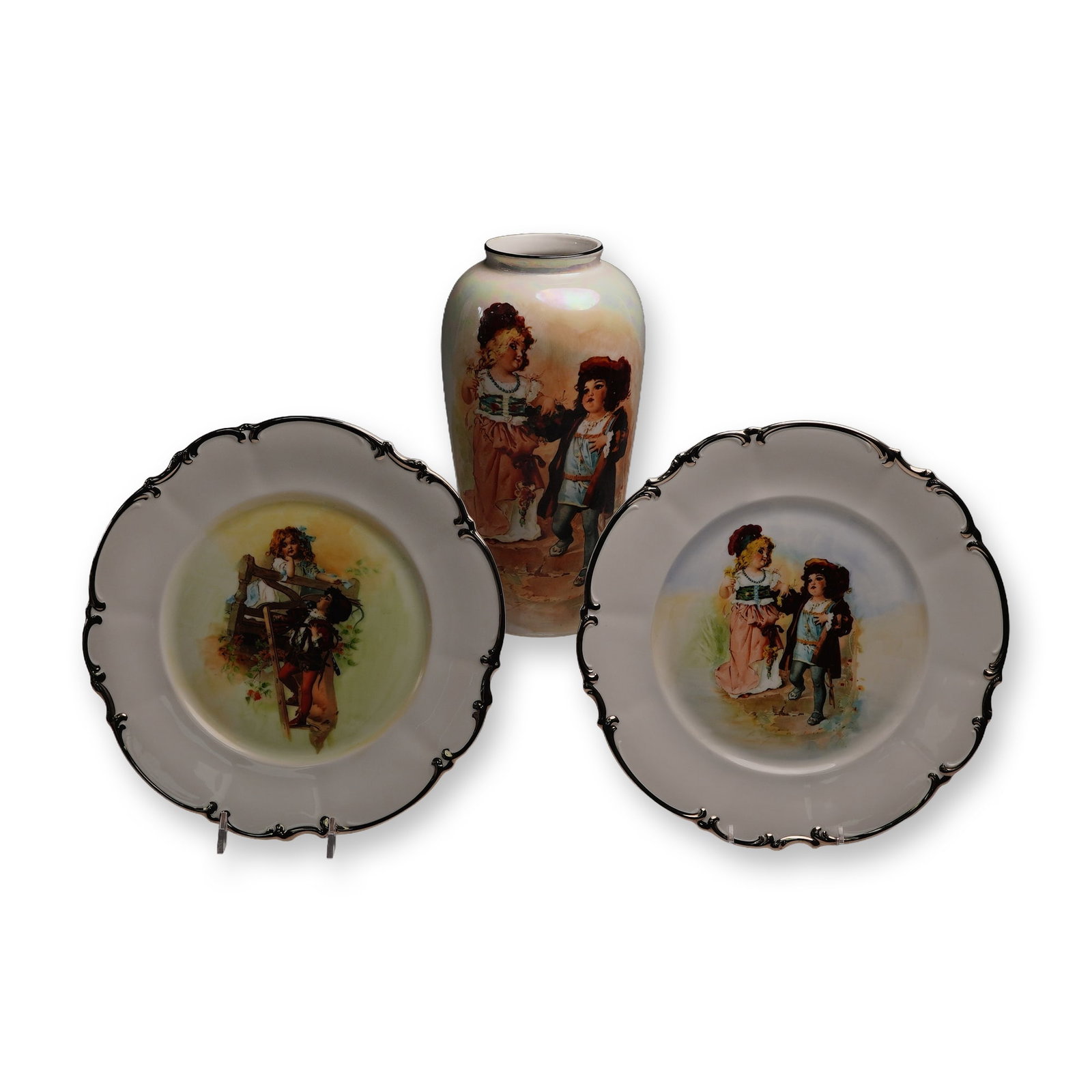 3pc Group of Hand-Painted Porcelain: Hutschenreuther Plates & ZS & Co Vase (1 of 4)