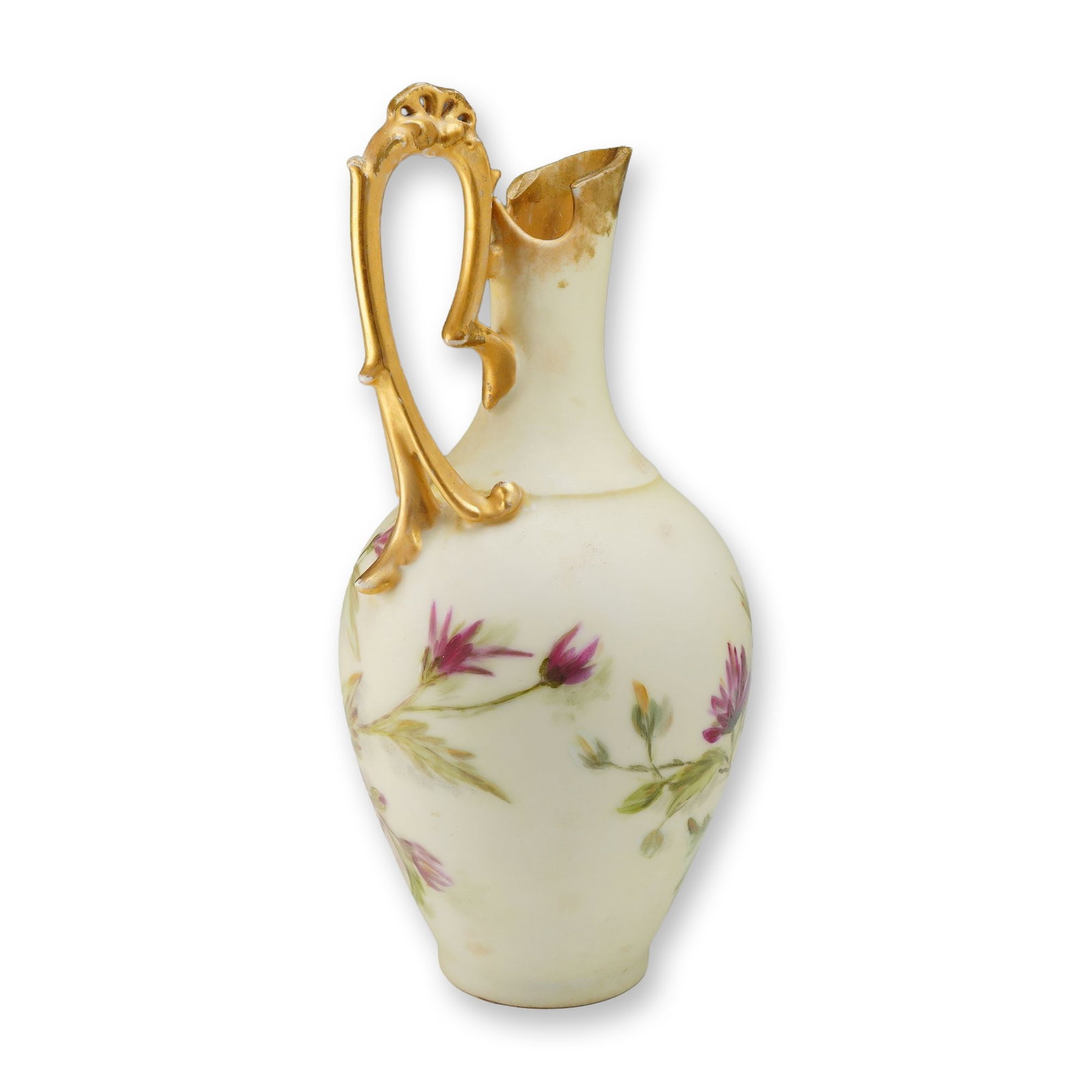 Limoges D and C Hand Painted Porcelain Floral Ewer: This late 19th-century porcelain ewer is attributed to R. Delinieres and Cie of Limoges, France, based on the underglaze green D and C mark present on the base. The vessel features a bulbous body