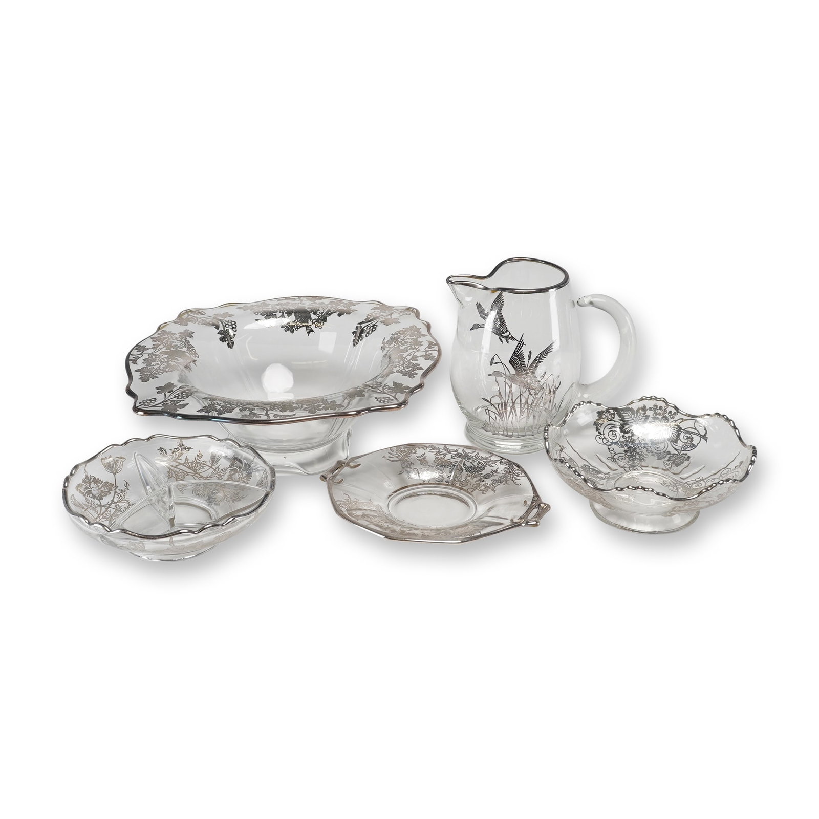 Assortment of Five American Silver Overlay Glass Tableware Items Including Flanders Pattern (1 of 3)