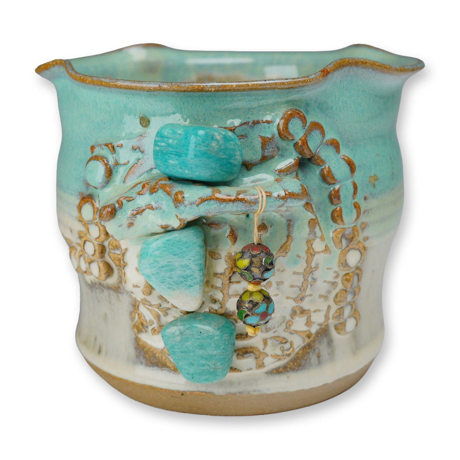 Adele Feinstein Studio Pottery Decorative Vessel with Amazonite and Beads (1 of 3)