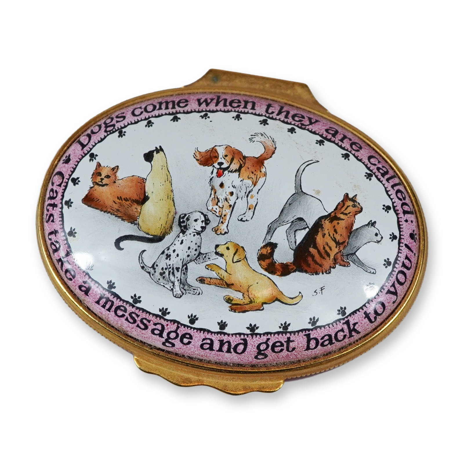 Halcyon Days Enamels Gumps Exclusive Cats and Dogs Oval Trinket Box: This oval copper-based enamel trinket box was manufactured by Halcyon Days Enamels as an exclusive for the retailer Gump's. The lid features a whimsical illustration of various cats and dogs, includin