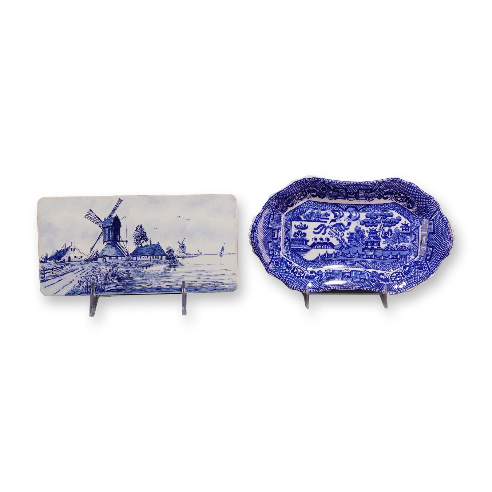 2pc Blue and White Belgian Windmill Plaque and Allertons Willow Pattern Dish (1 of 4)