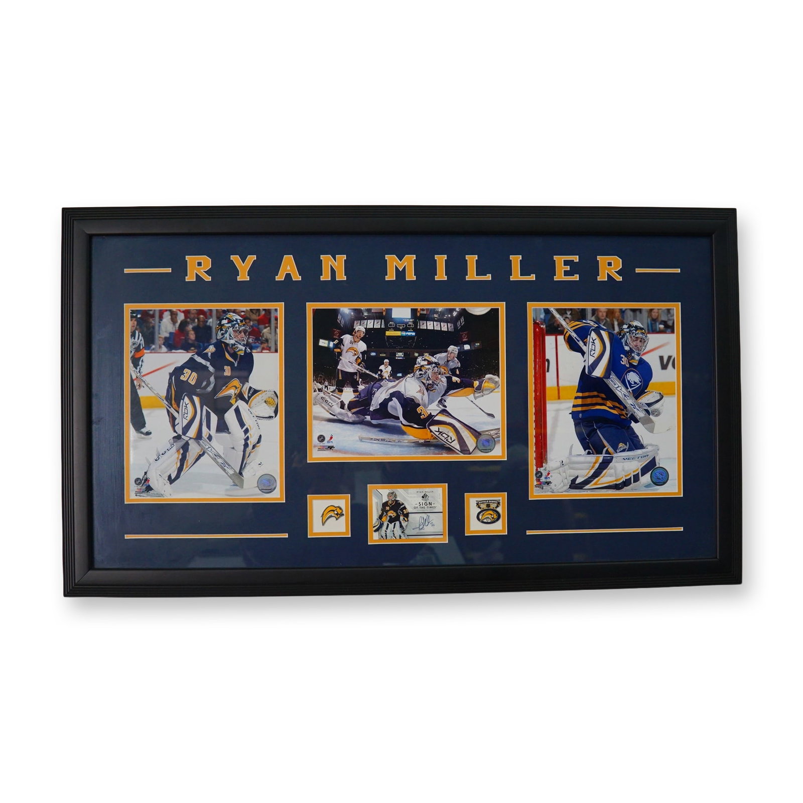 Ryan Miller Buffalo Sabres Hockey Memorabilia Collage Display with Autographed Card: Professionally styled, custom-framed memorabilia collage dedicated to the legendary Buffalo Sabres goaltender, Vezina Trophy winner, and NHL superstar, Ryan Miller. Features three official NHL action 