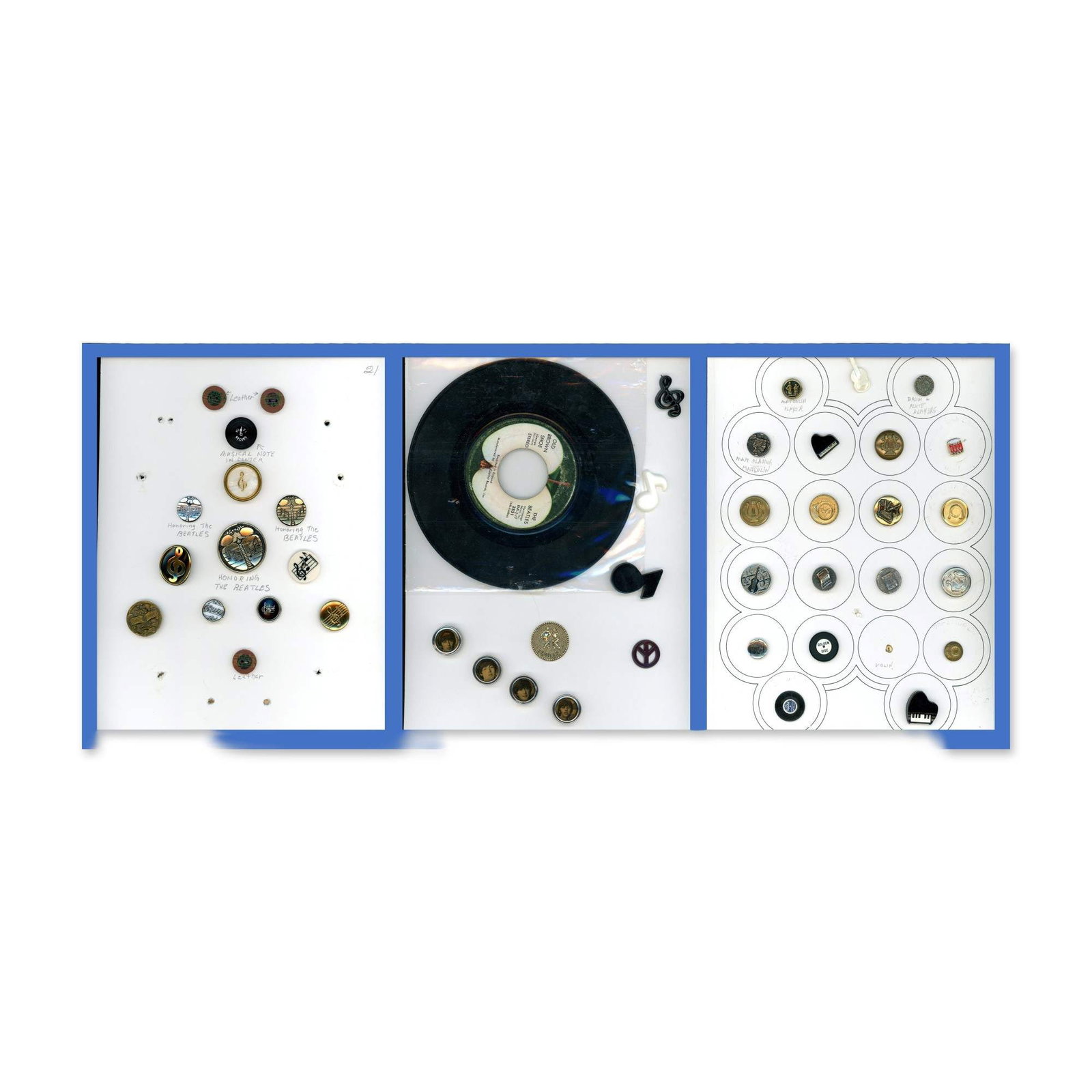 3 CARDS 0F ASSORTED BEATLES AND MUSIC RELATED BUTTONS (1 of 6)