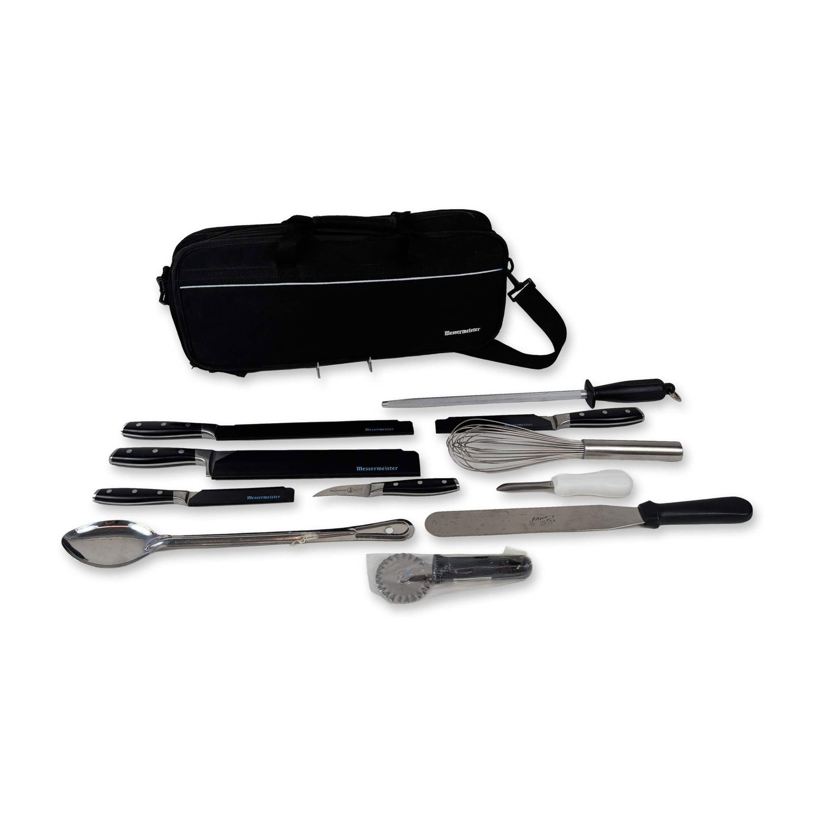11pc Messermeister Avanta Culinary Knife Set and Culinary Tools with Satchel: The Messermeister culinary tool set comes with a 16-pocket satchel made of stainless steel and synthetic materials. It includes five Avanta series knives: a chefs knife, serrated bread knife, utility 