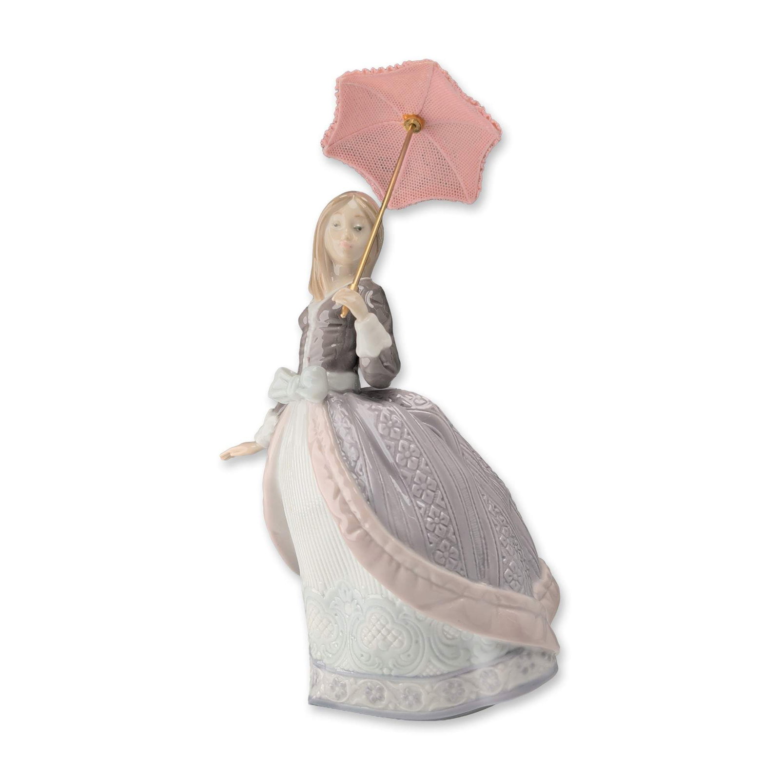 Lladro Glossy Porcelain Figurine, Angela 5211: Spanish Lladro porcelain figurine titled Angela, model number 5211, designed by Jose Puche. The piece depicts a young woman wearing an elaborate gown with intricate lace-patterned textures and embosse