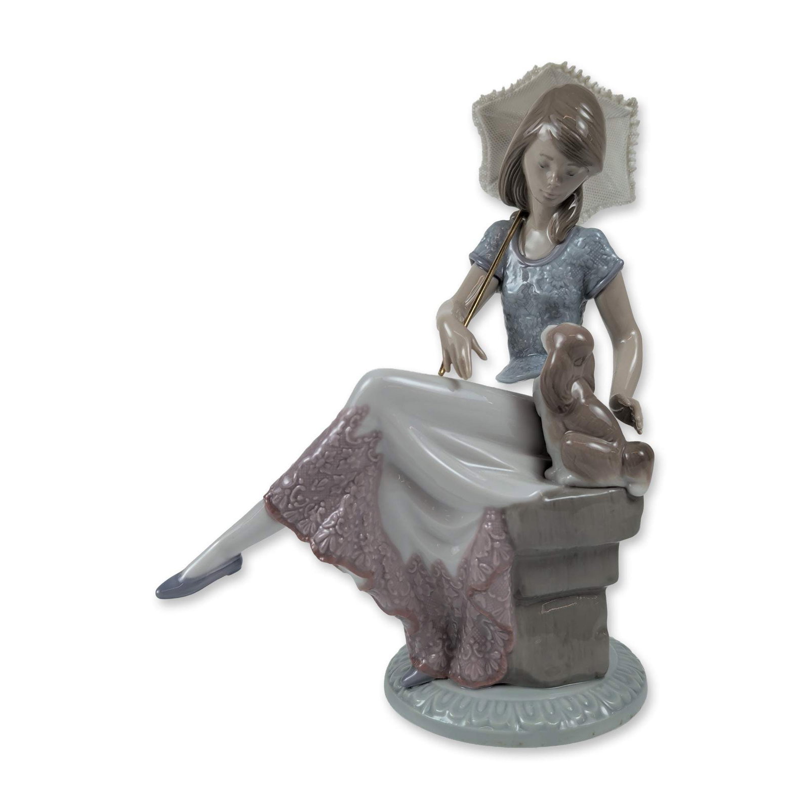 Lladro Porcelain Figurine Picture Perfect 01007612: Glazed porcelain figurine titled Picture Perfect, model number 7612, issued as a Collectors Society piece. The figurine depicts a young woman seated on a stone-effect pedestal with a small dog at her 