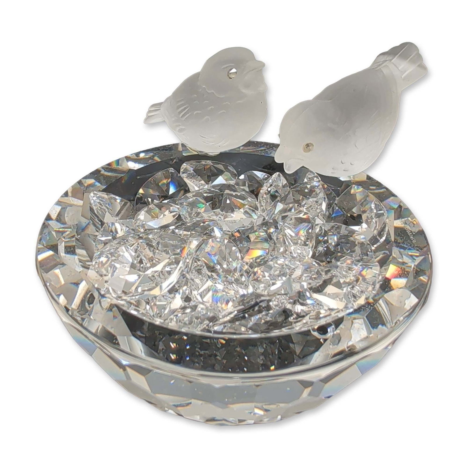 Swarovski Silver Crystal Figurine, Bird Bath by Max Schreck: Swarovski Silver Crystal figurine titled Bird Bath, designed by Max Schreck. The piece features two frosted crystal sparrows perched on the rim of a faceted clear crystal bowl. The interior of the bow