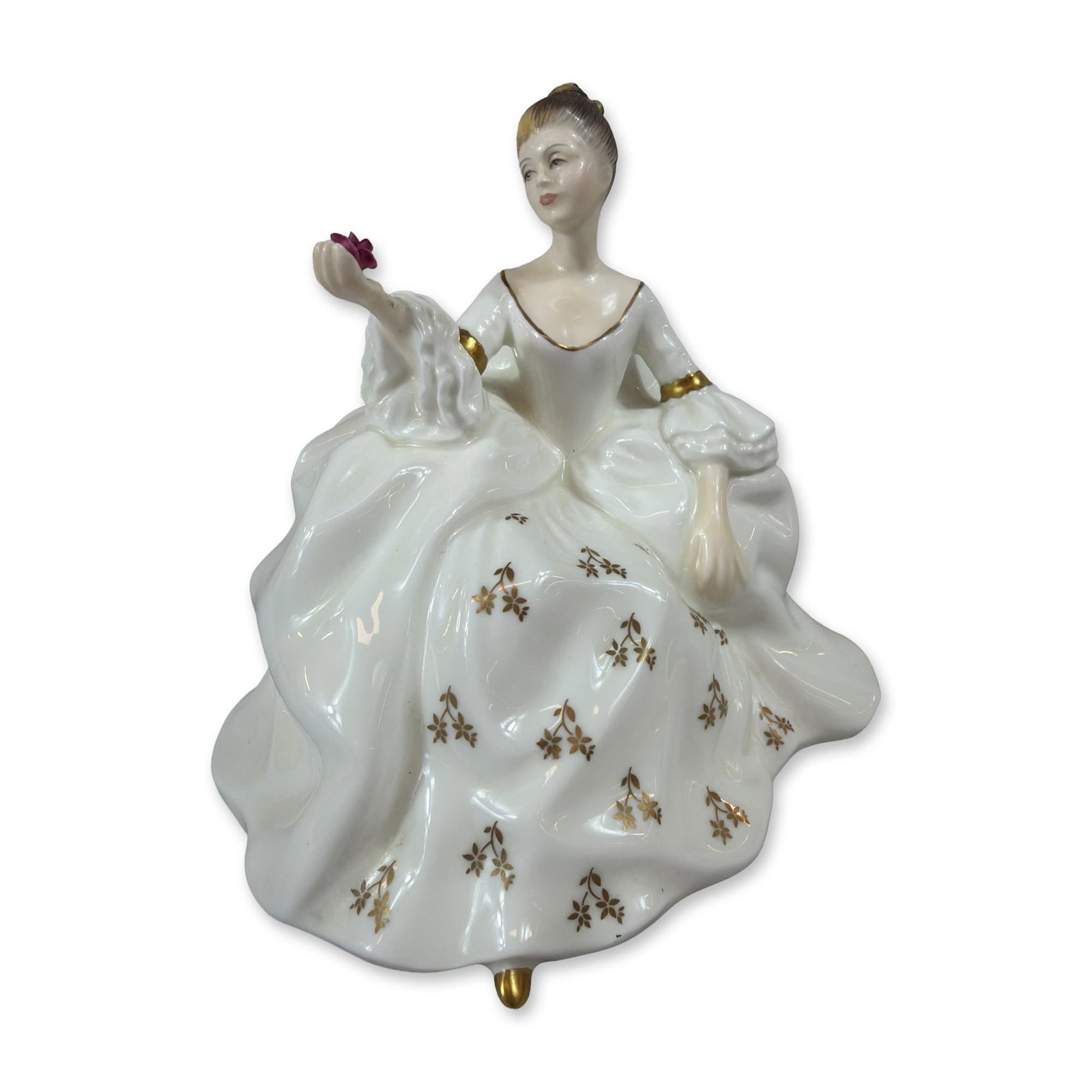 Royal Doulton Bone China Figurine My Love HN 2339: Royal Doulton bone china figurine titled My Love, model number HN 2339. Designed by Peggy Davies and copyrighted in 1965, this piece depicts a young woman in a flowing white gown decorated with gilded