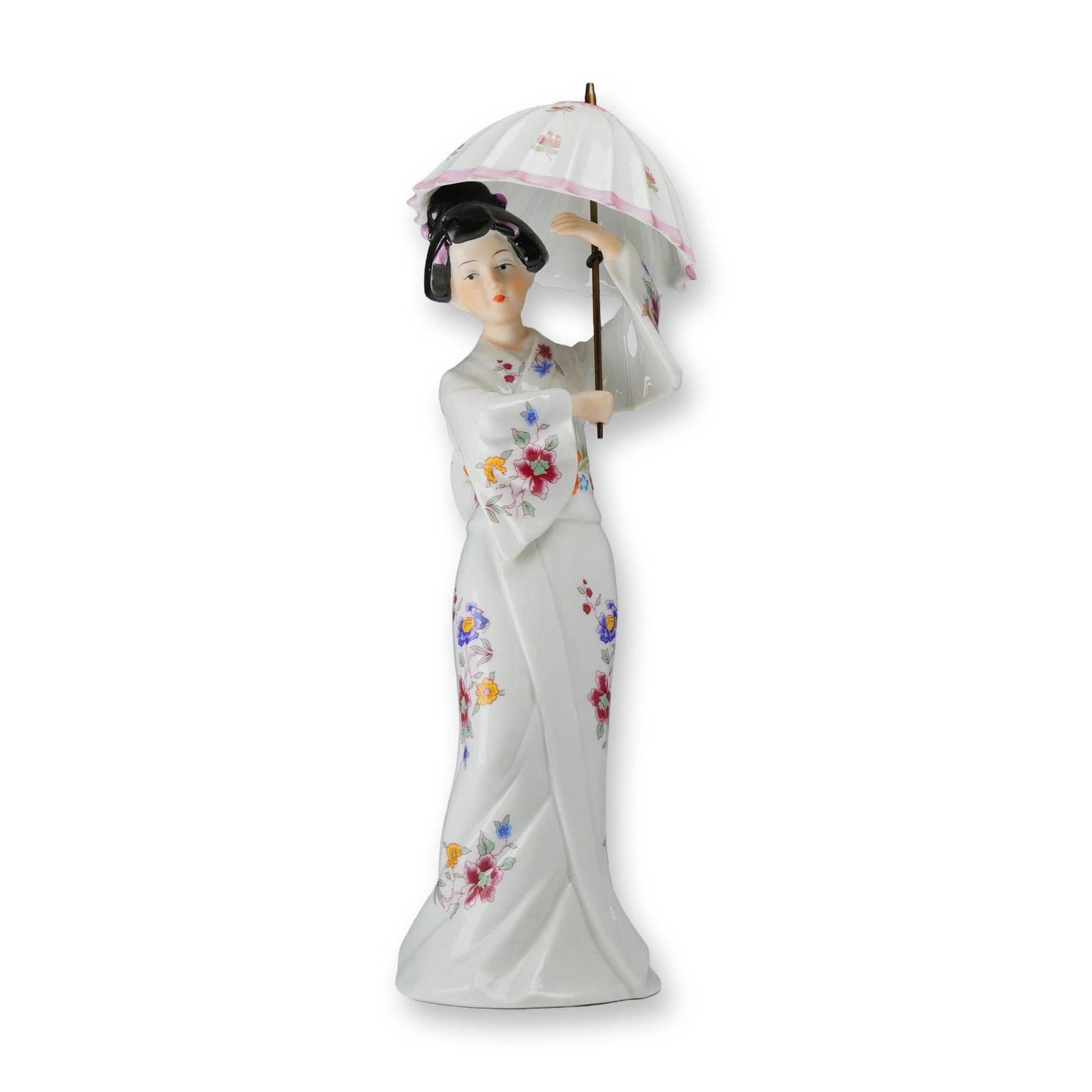 Oriental Geisha Girl Porcelain Figurine with Parasol Marked M.I.: This porcelain figurine depicts a woman in traditional Japanese attire, specifically a geisha. She is dressed in a white kimono featuring hand-painted floral sprays in red, blue, yellow, and green. Th