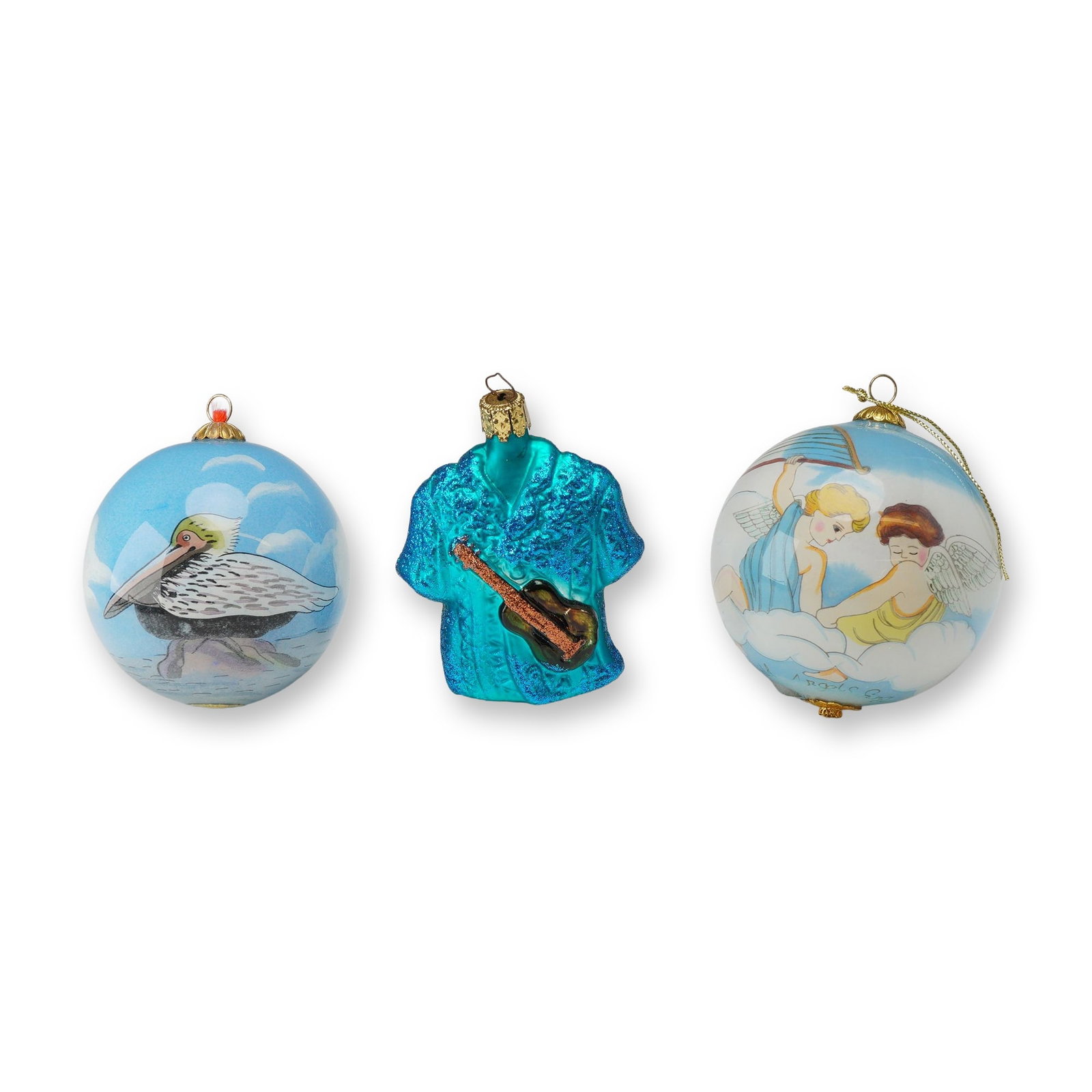 3pc Blue Motif Christmas Tree Ornaments: This collection of three blue Christmas ornaments features distinct decorative designs. The first piece is a round ornament decorated with a scene of aquatic birds, featuring a pair of seagulls and a