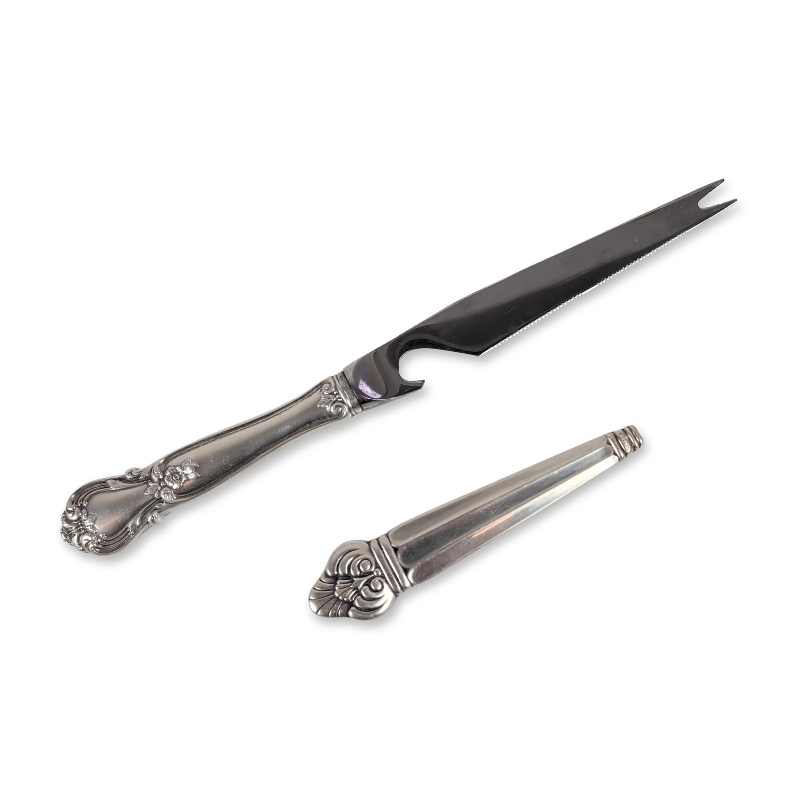 2pc Sterling Silver Handled Bar Knife and Knife Handle: This mid-century bar tool set includes a knife and a matching handle, both showcasing sterling silver handles adorned with an ornate floral repousse pattern reminiscent of mid-20th century American fl