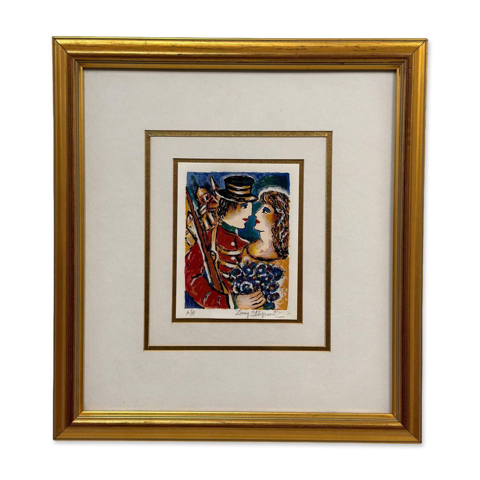 Zamy Steynovitz Hand Signed Artist Proof Serigraph Small Figures Soldier and Woman, Signed: This serigraph on paper by Zamy Steynovitz is titled Small Figures Soldier and Woman. The composition features a soldier in a red hussar-style uniform and a woman in profile, with a bouquet of blue
