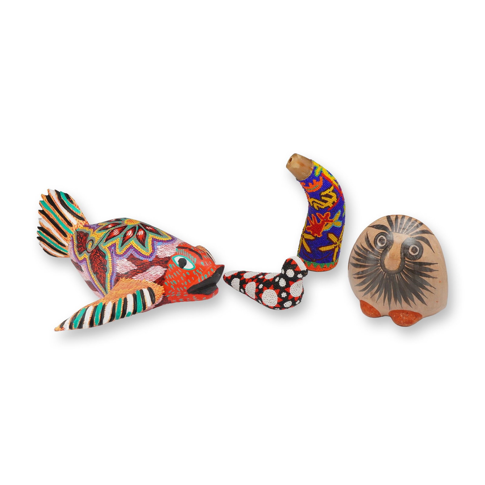 4pc Mexican Folk Art Pieces including Manuel Duarte Alebrije: This collection consists of four distinct pieces of Mexican folk art. The group features a hand-carved and hand-painted wood alebrije fish bird with vibrant polychrome geometric designs, signed on the