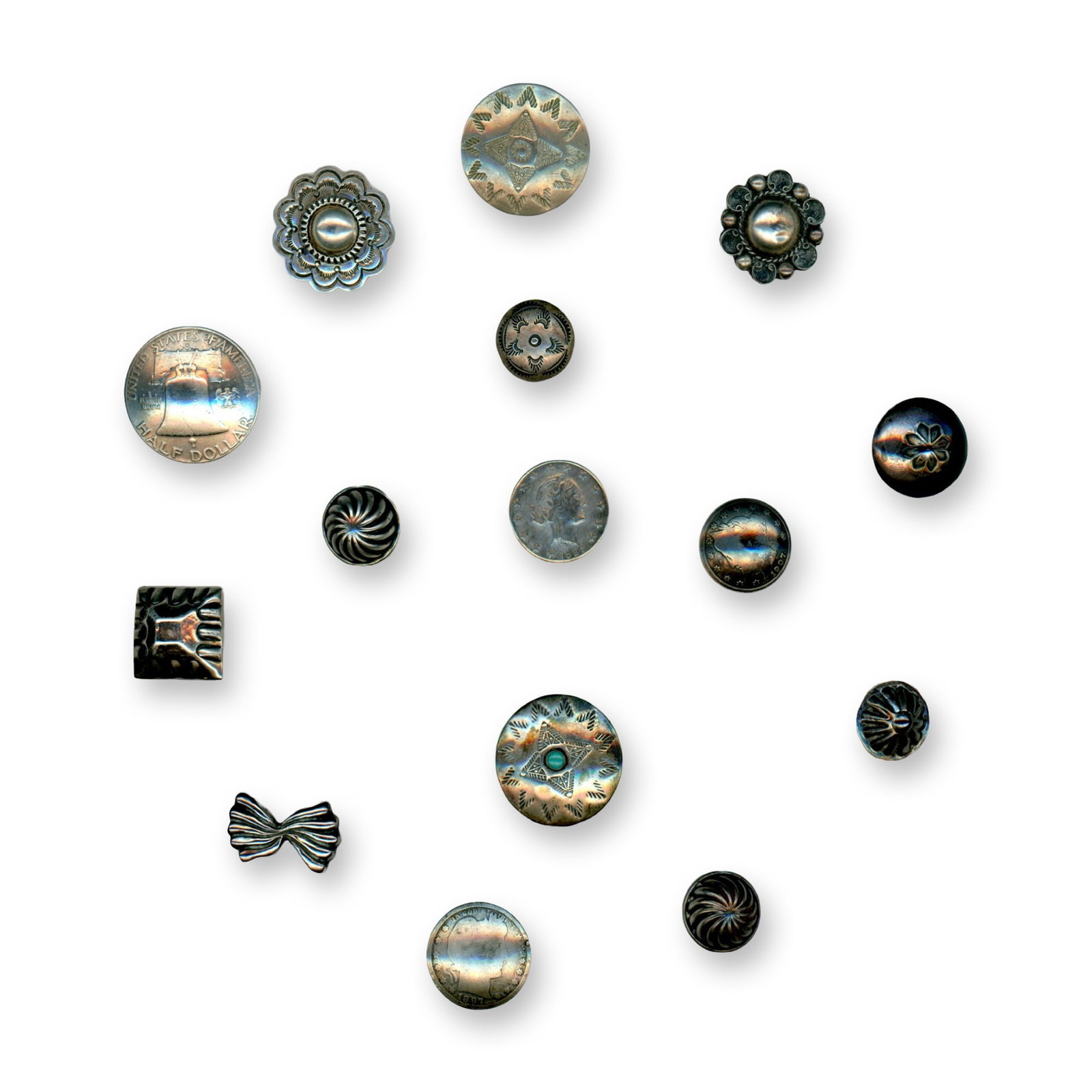 A CARD OF AMERICAN INDIAN METAL BUTTONS: 15 Small/Medium Southwest & Mexican silver examples. Here is a selection of solid silver examples some with engraving, a Turquoise set example, pictorials and more. Dimensions: SM=Less than 3/4", Medi