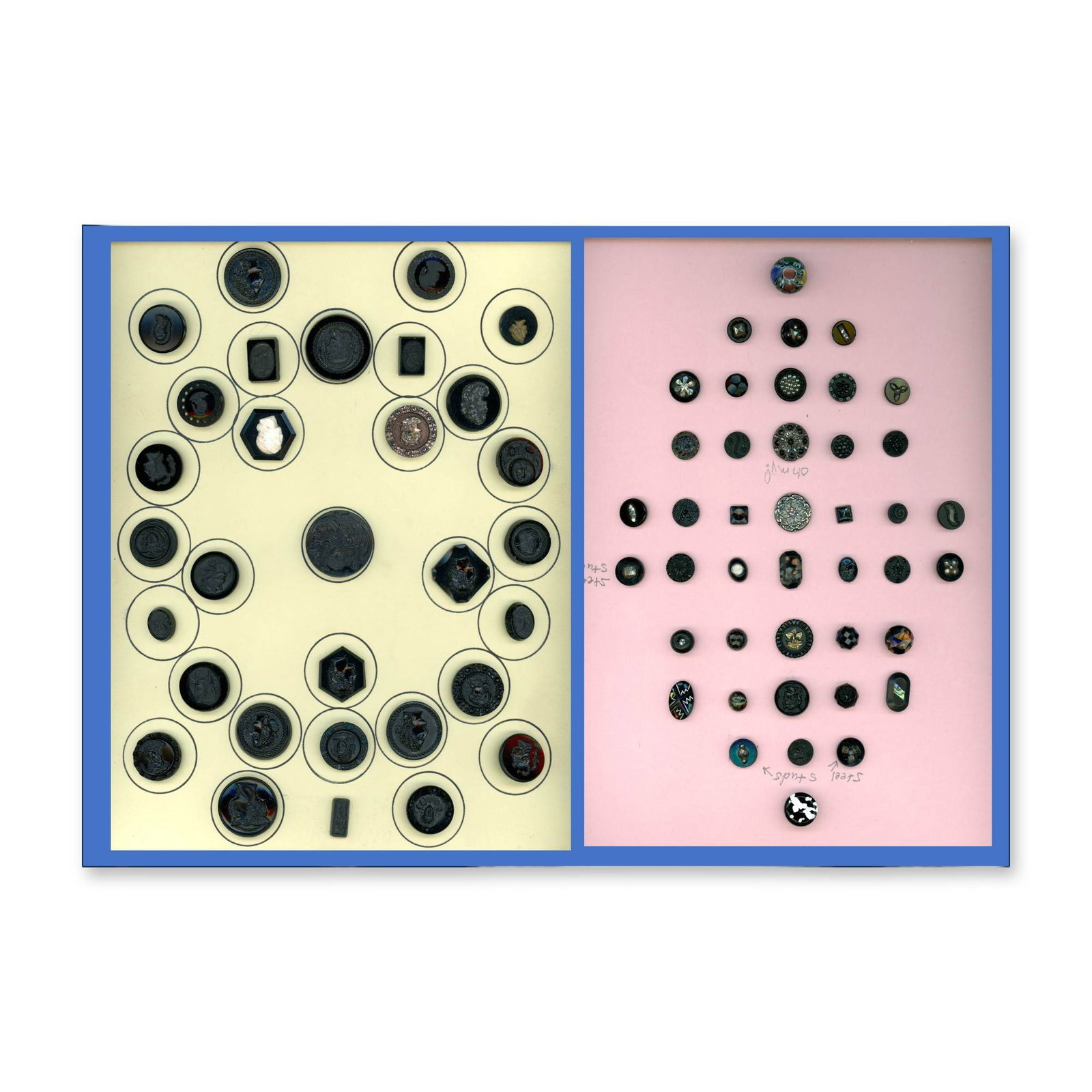 3 CARDS OF ASSORTED BLACK GLASS BUTTONS: 73 S/M/L 19th/20th century assorted technique examples. These cards include a large variety including one card of heads along with Lusters, shapes and more. Dimensions: SM=Less than 3/4", Medium=3/4" 