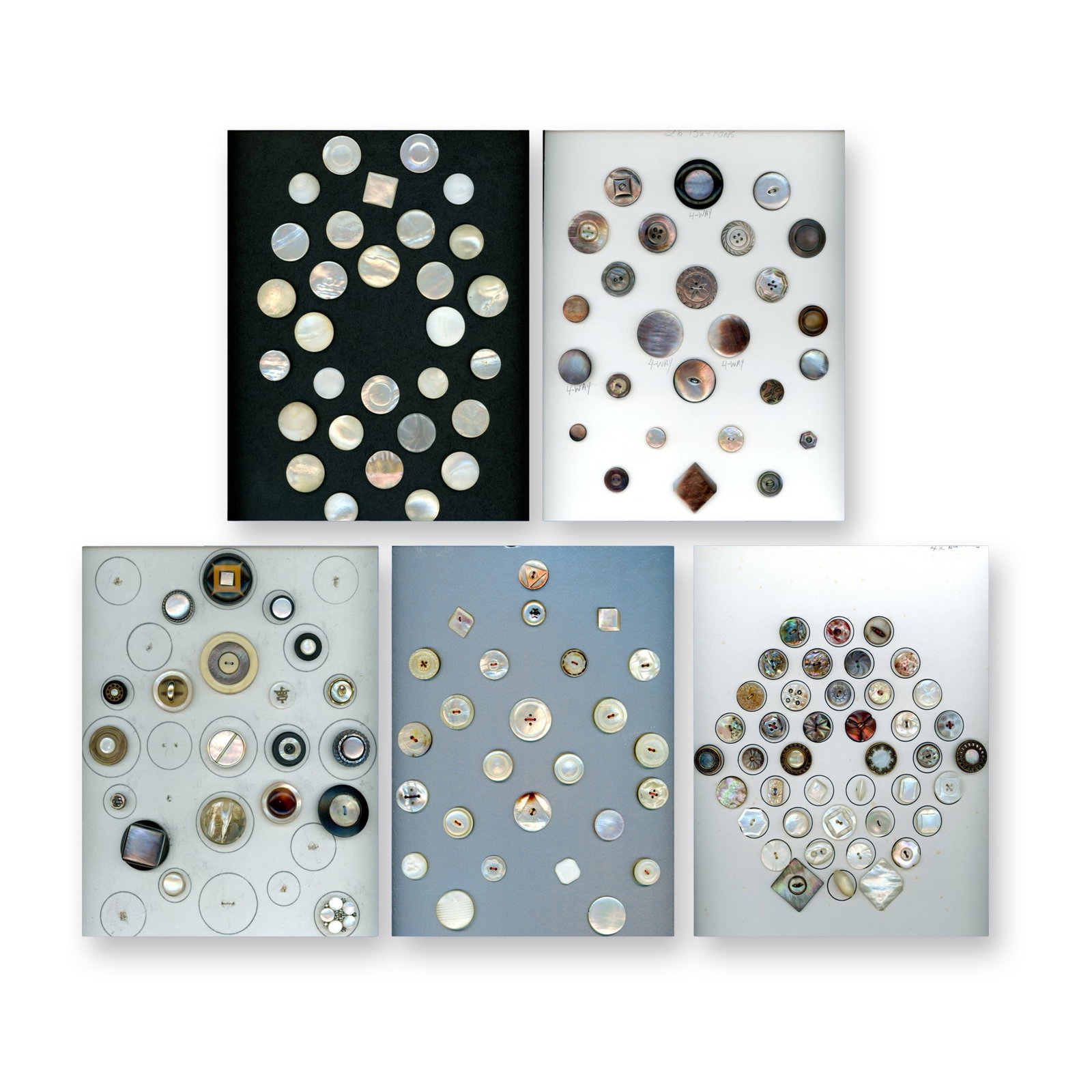 5 CARDS ASSORTED ANTIQUE PEARL BUTTONS: 144 S/M/L Assorted techniques and styles. This lot includes a variety suitable for the collector and the creator as there are several nice plain faced examples that studio artists use for engraving an
