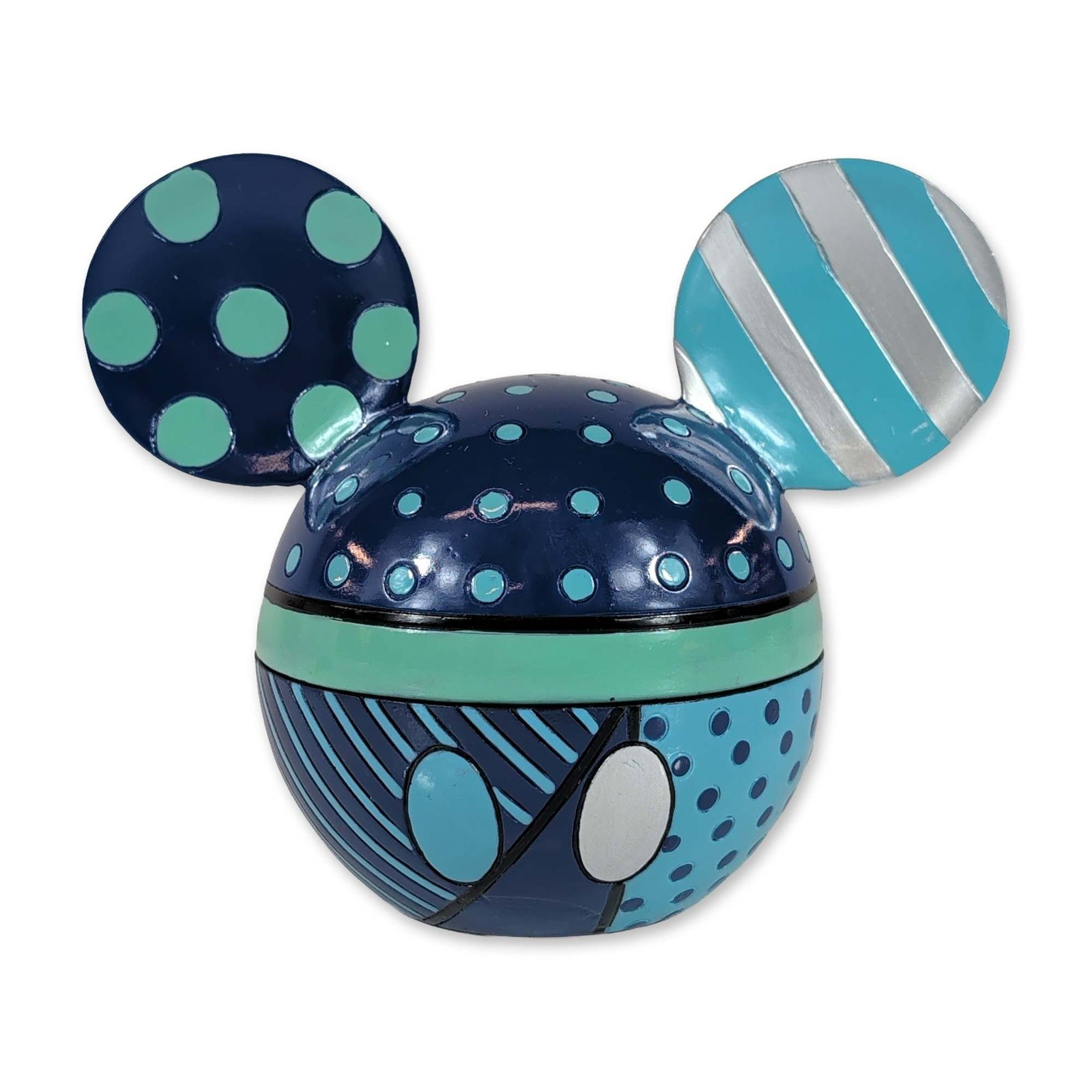 Disney by Britto Mickey Ears Blue Period Covered Box: Disney by Romero Britto. Decorative trinket box in hand-painted cast resin, featuring the Mickey Mouse head form in the Blue Period pattern. The design incorporates pop art motifs including varied pol