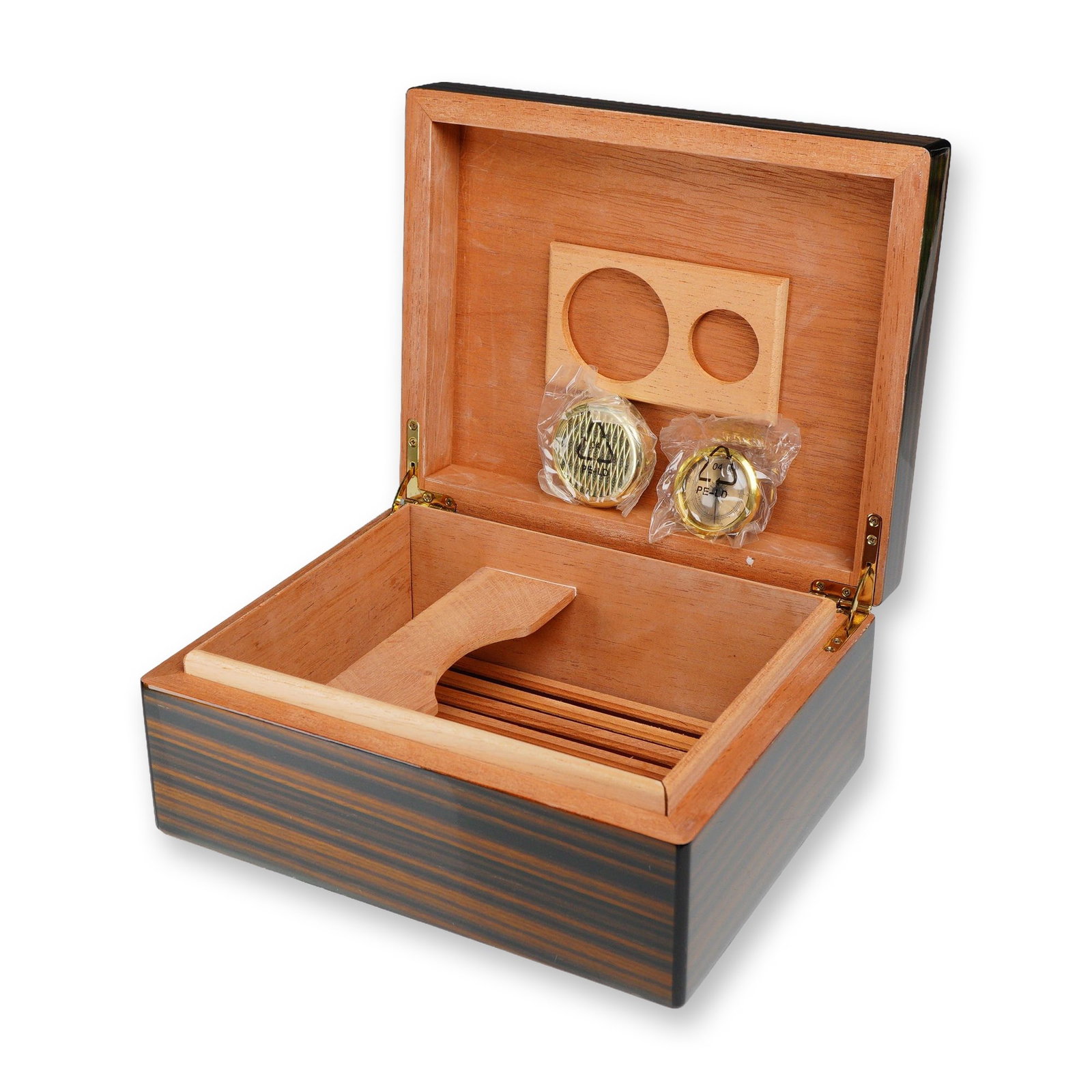 Macassar Ebony Wood Veneer Tabletop Cigar Humidor: Contemporary tabletop cigar humidor featuring a high-gloss Macassar ebony style striped wood veneer exterior with black lacquered edges. The interior is lined with Spanish cedar and includes a slotted