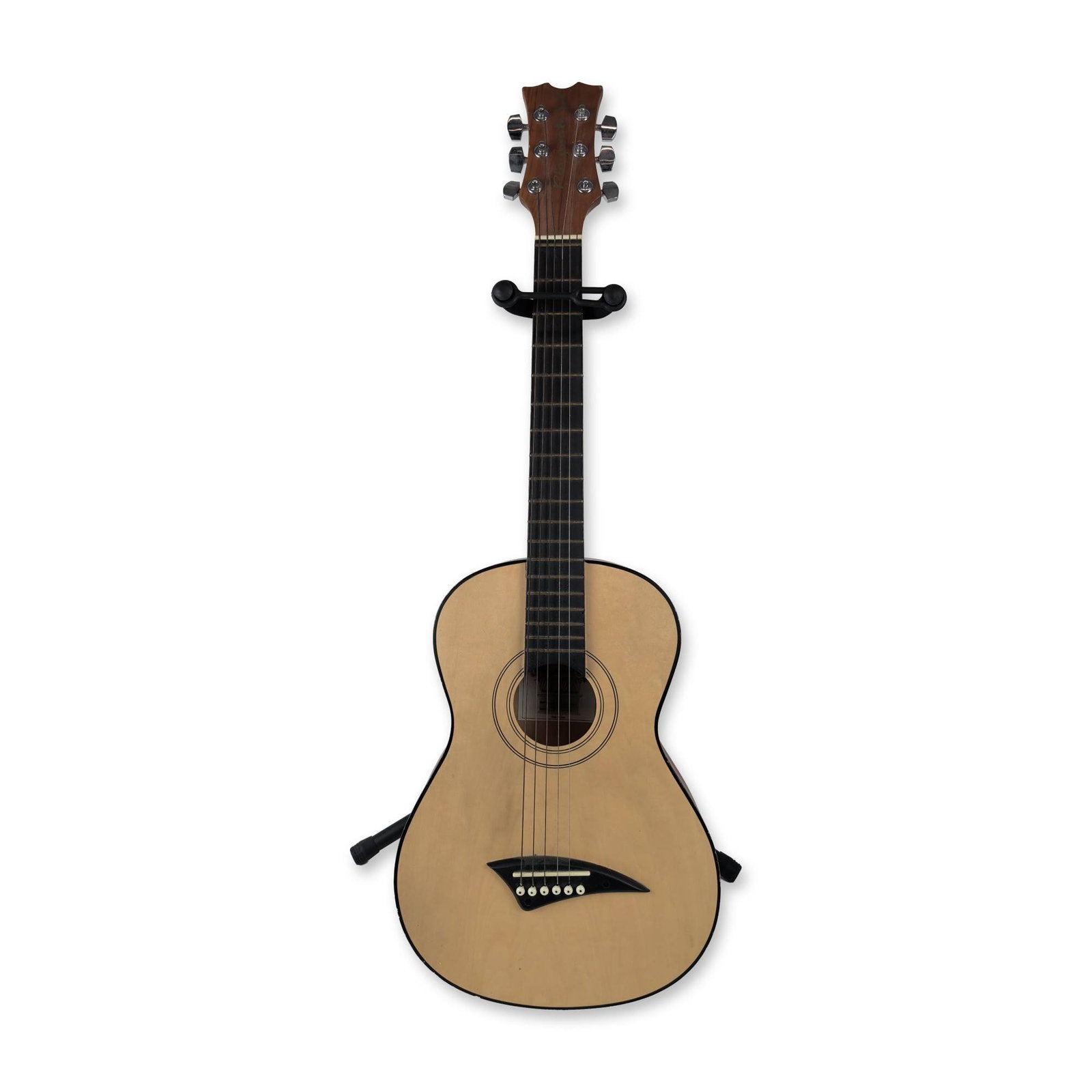 Dean Playmate JT 1/2 Size Acoustic Guitar: Dean Musical Instruments Playmate line. JT model acoustic guitar in 1/2 or parlor size, featuring a light colored wood laminate top with concentric black ring rosettes and black binding. The back and 