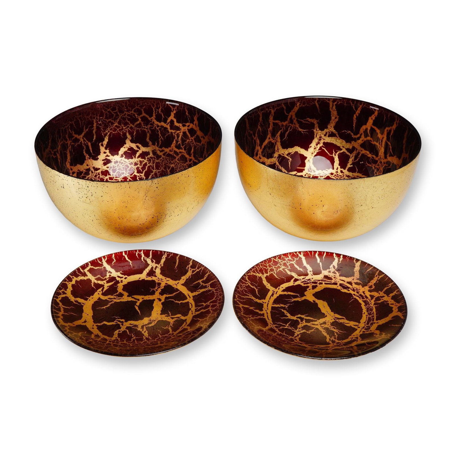 4pc Neiman Marcus Italian 24K Gold Leaf Glass Decorative Bowls and Plates: Group of four Made in Italy glass tableware items comprising two bowls and two plates. The set is crafted from crimson ruby glass featuring 24 karat gold leaf inclusions in a webbed crackle pattern. T