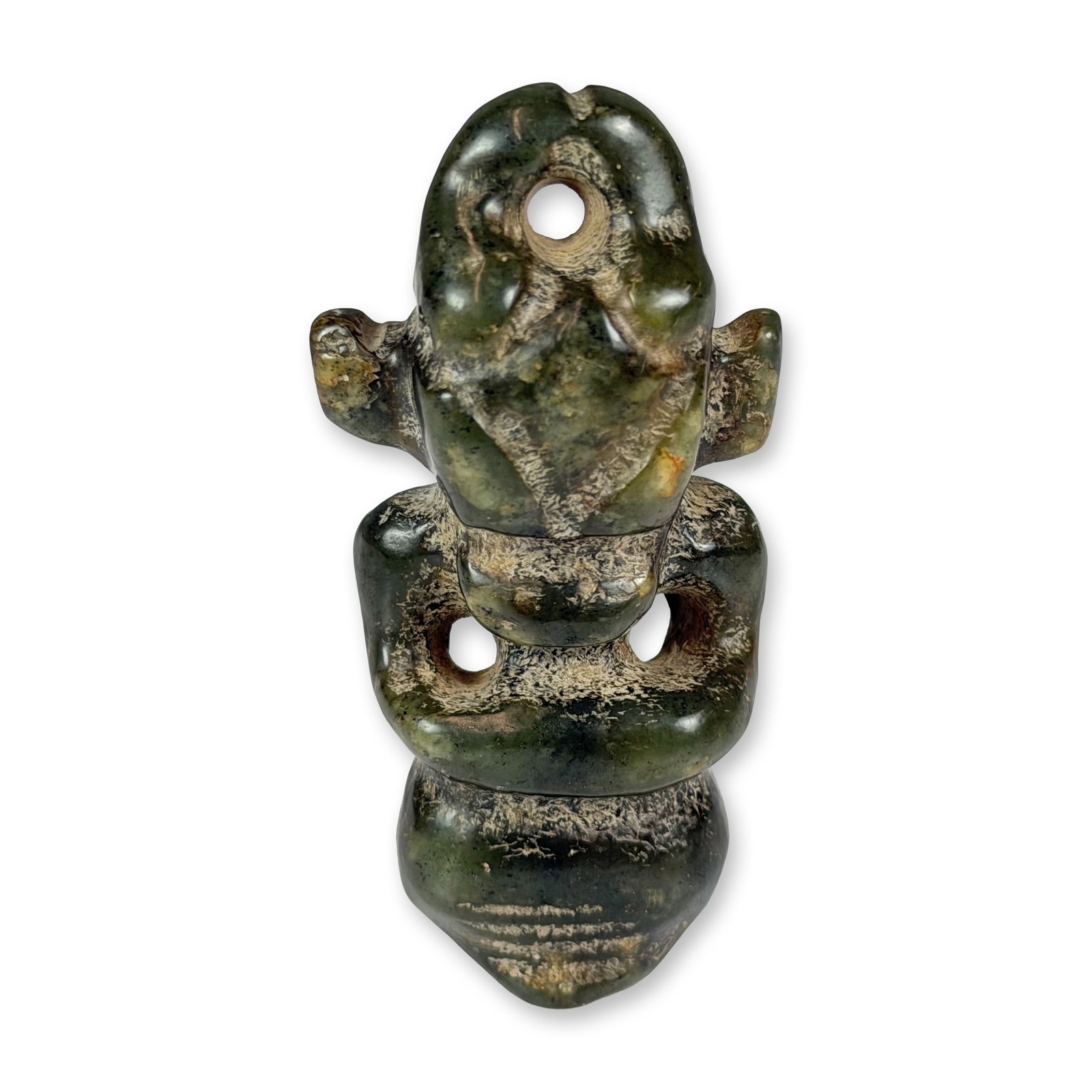 Chinese Hongshan Style Carved Green Hardstone Sun God Figural Pendant: This carved stone figural pendant is rendered in the Chinese Hongshan style, depicting a representation of a Sun God, also known as Helios. The figure is carved from a greenish hardstone with a dark f